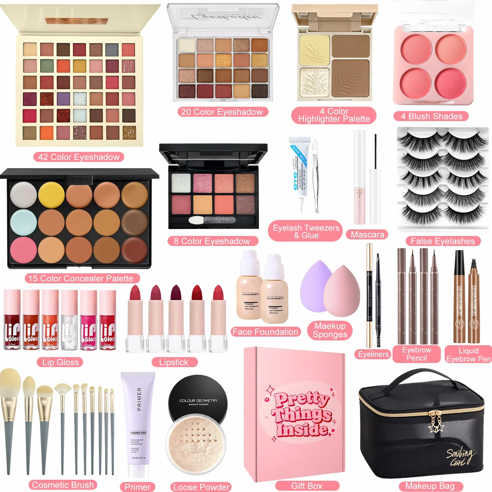 Set Trucchi Donna, Kit Make Up Completo, Tutto in Uno Trousse Trucchi con Palette Ombretto Paletta Correttivi Contouring Fondotinta Mascara Gloss Labbra Liner Occhi Matite Ssopracciglia Borsa Trucco
