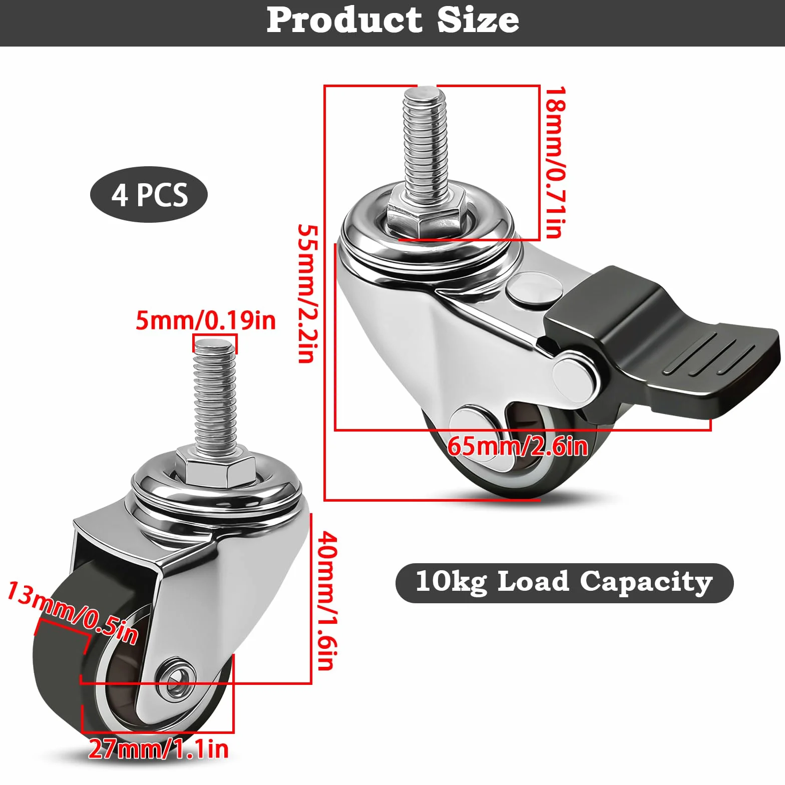Ruote per Carrello 25 mm Set di 4, Ruote Pivottanti M6x15mm Girevoli 360° con Freno