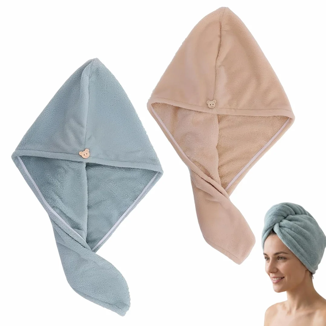 2 pezzi asciugamano in microfibra per capelli, extra assorbente e asciugatura rapida, morbido turbante asciugamano per capelli e turbante capelli con chiusura a bottone (verde, marrone)