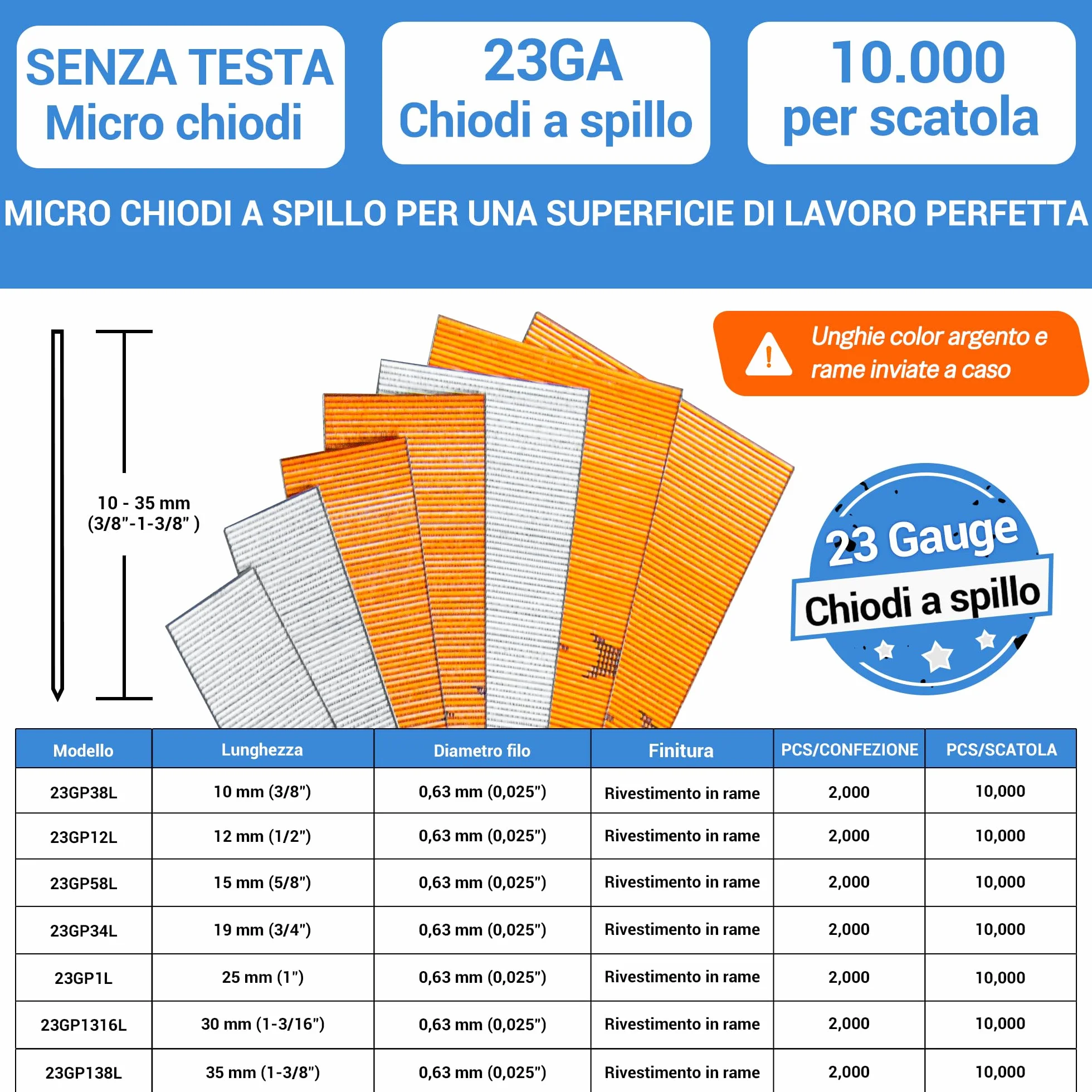 Meite Chiodi a Spillo 23GA 35mm, Micro Chiodi Senza Testa Zincati per Chiodatrice a Spillo, 10000 sztuk