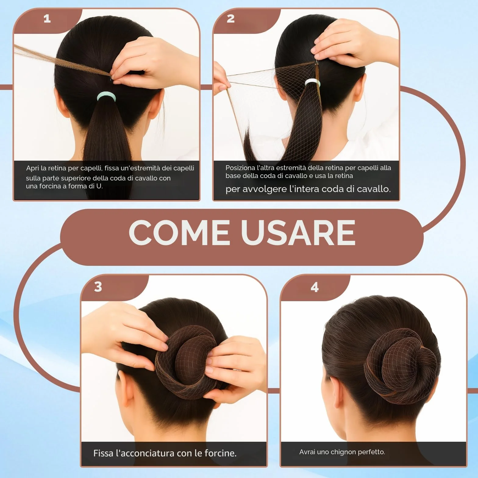 Retine per capelli per chignon, 20 reti per chignon con 20 forcine a forma di U per donne da 50 cm, rete invisibile per chignon, per ragazze, ballerine, chef, infermieri, assistenti di volo