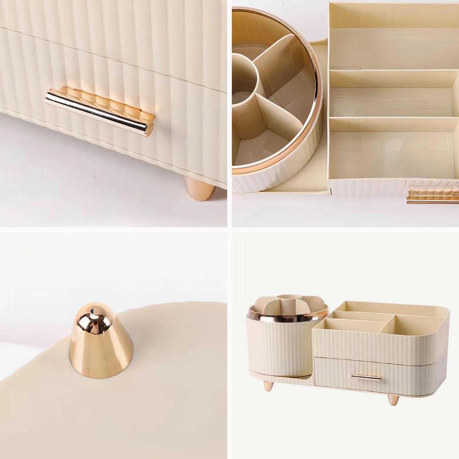 DASITON Organizer Trucchi Rotante a 360°, Porta Trucchi Organizer per Cosmetici con Cassetti,Organizzatore Trucchi di Grande Capacità, Porta Pennelli Makeup per Bagno, Camera da Letto (Crema)