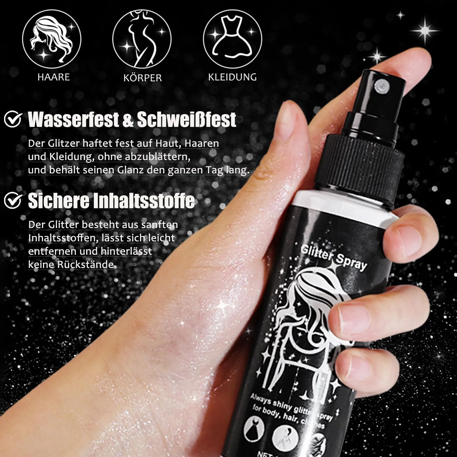 Spray glitter, spray glitter argento per capelli e corpo, spray glitter per capelli e vestiti, spray glitter per il corpo con nebbia ultrafine, accessori per festival ad asciugatura rapida Halloween