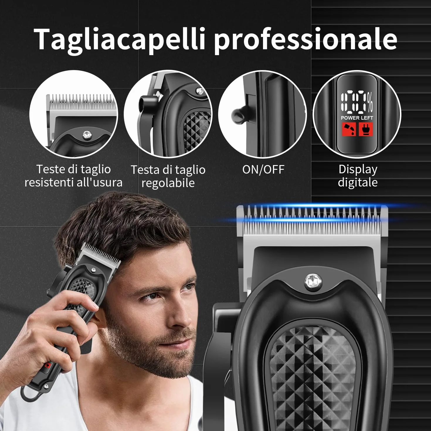 HIENA PRO Tagliacapelli Uomo Professionale, Macchinetta per Capelli Senza Fili, Regolabarba, Rasoio a Lamina, Kit Completo per Rasatura e Taglio di Capelli Elettrico
