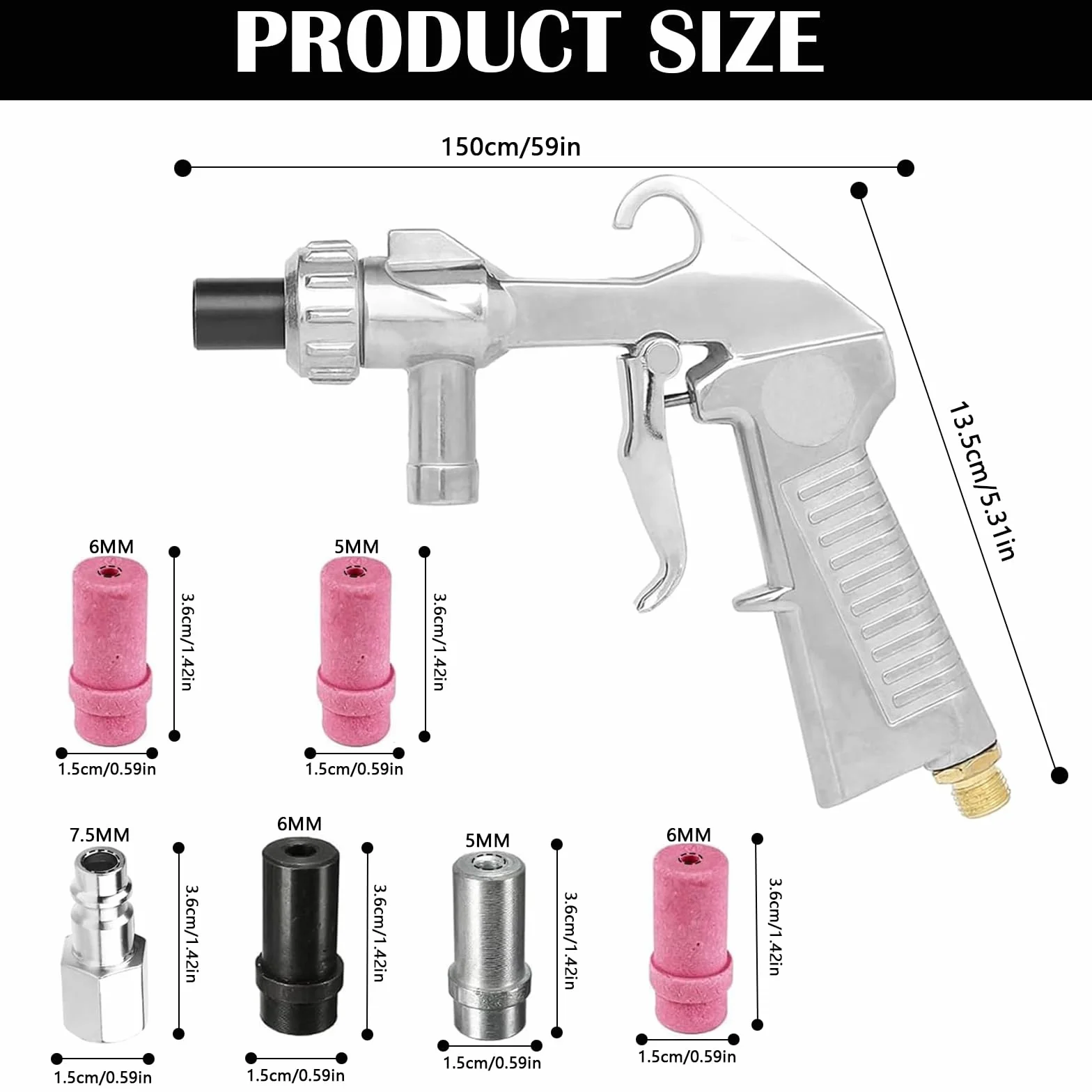 Pistola Sabbiatrice Pneumatica per Compressore con Ugelli e Tubo 1M Gomma Kit