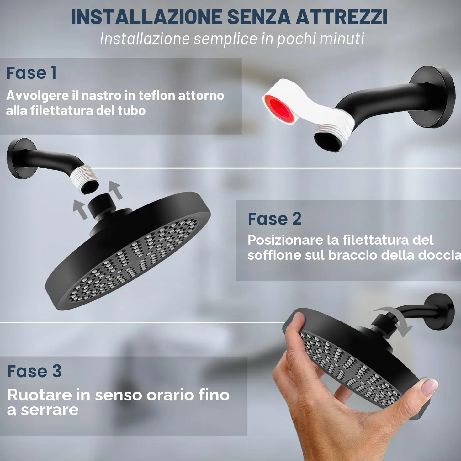 Soffione Doccia Anticalcare Fisso Pioggia Rotondo Regolabile 360° Pulizia Automatica Negro