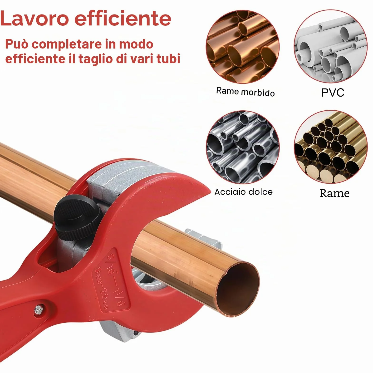 Tagliatubi a cricchetto per tubi 8-29 mm, acciaio inossidabile, rame, alluminio, rosso