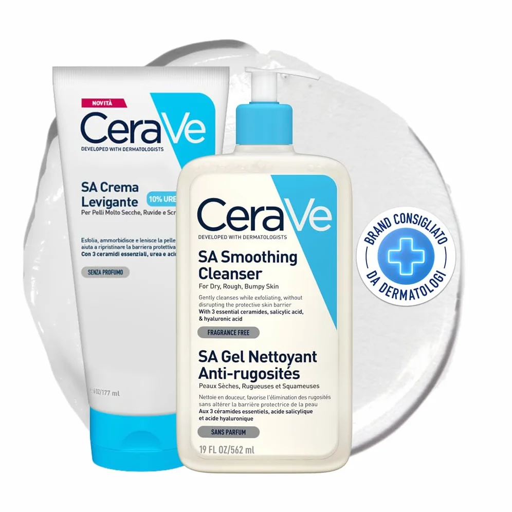 CeraVe Kit Skincare Levigante, SA Detergente, Per Pelle Secca e Ruvida, Con Acido Salicilico, 236 ml + SA Crema Levigante Per Pelle Molto Secca, Con 10% Urea, 177 ml