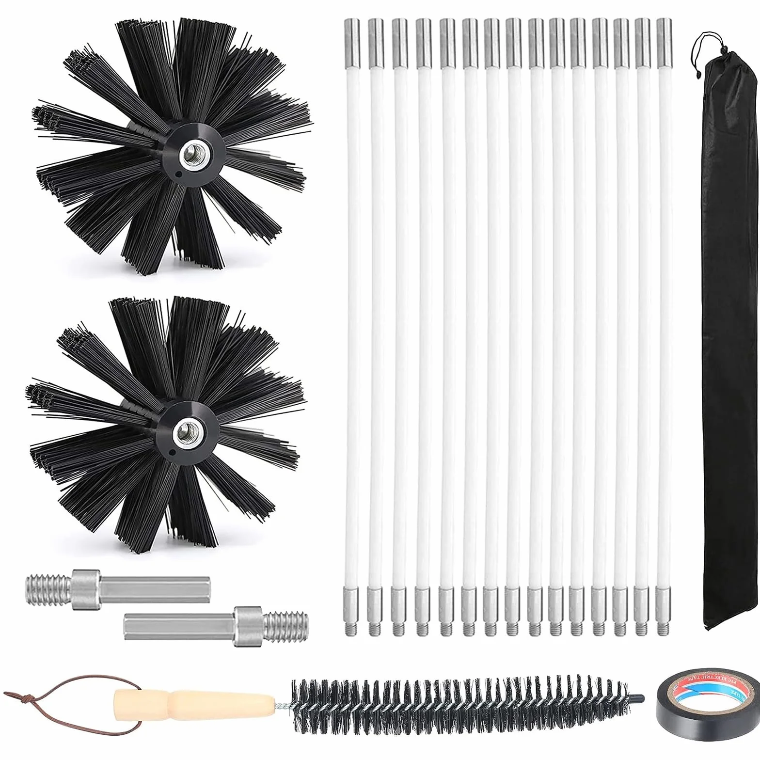 Kit Spazzola Pulizia Camino Ø200 mm, 15 Aste Flessibili 410mm, 2 Testine per Camino, Sfiato Asciugatrici, Tubo Fognario