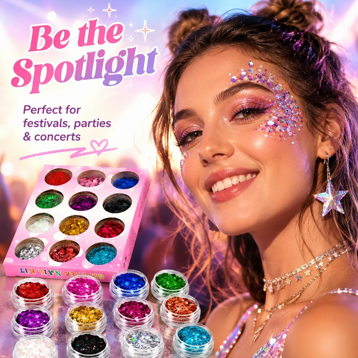 Paillette Brillanti per Viso 12 Colori, Paillette Cosmetiche Multicolori per Occhi, Capelli, Corpo, Unghie, Decorazioni per Feste e Creazioni Artistiche Fai da Te