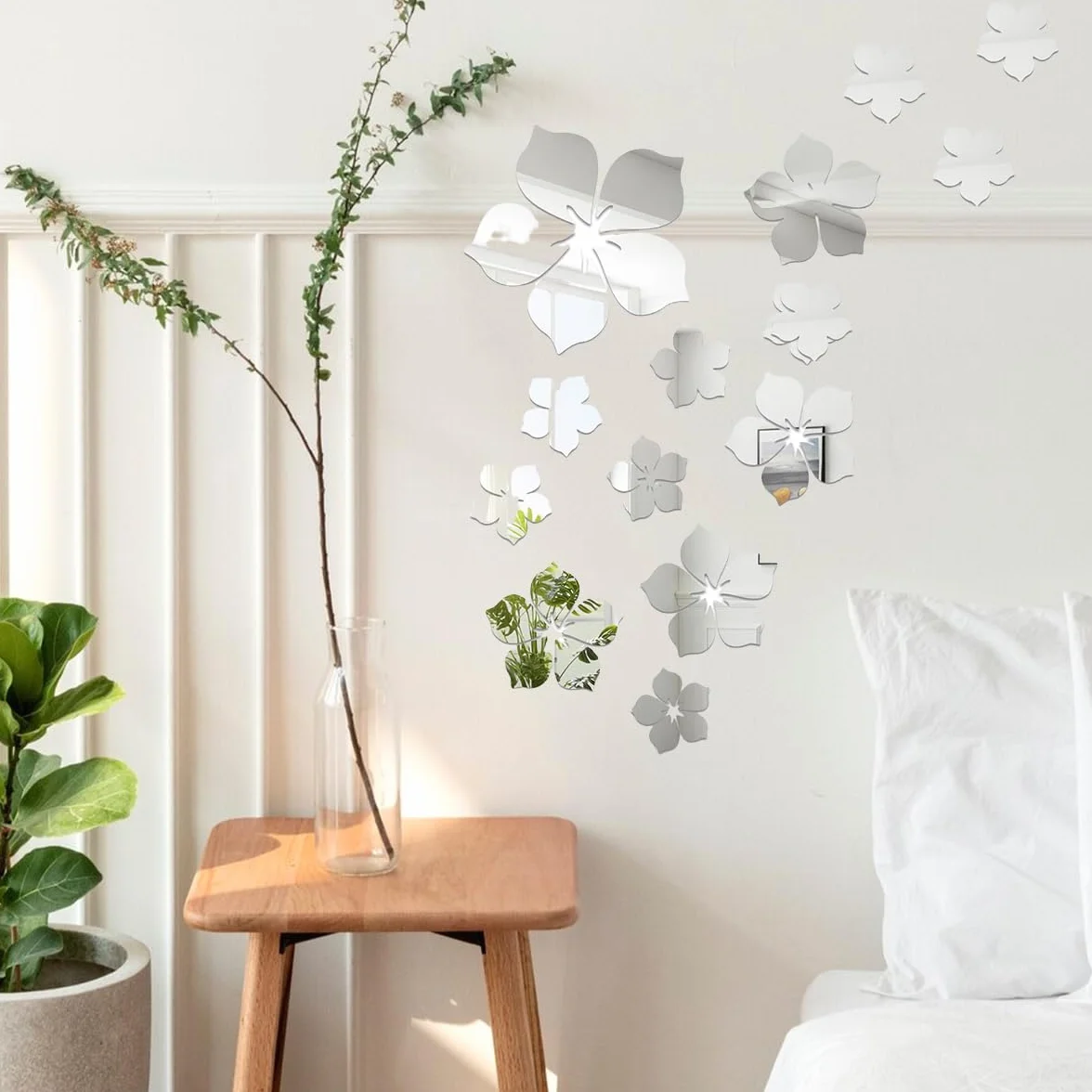Adesivi Murali Floreali di Cristallo 3D, Removibile Adesivi da Parete a Specchio per Camera da Letto Bagno
