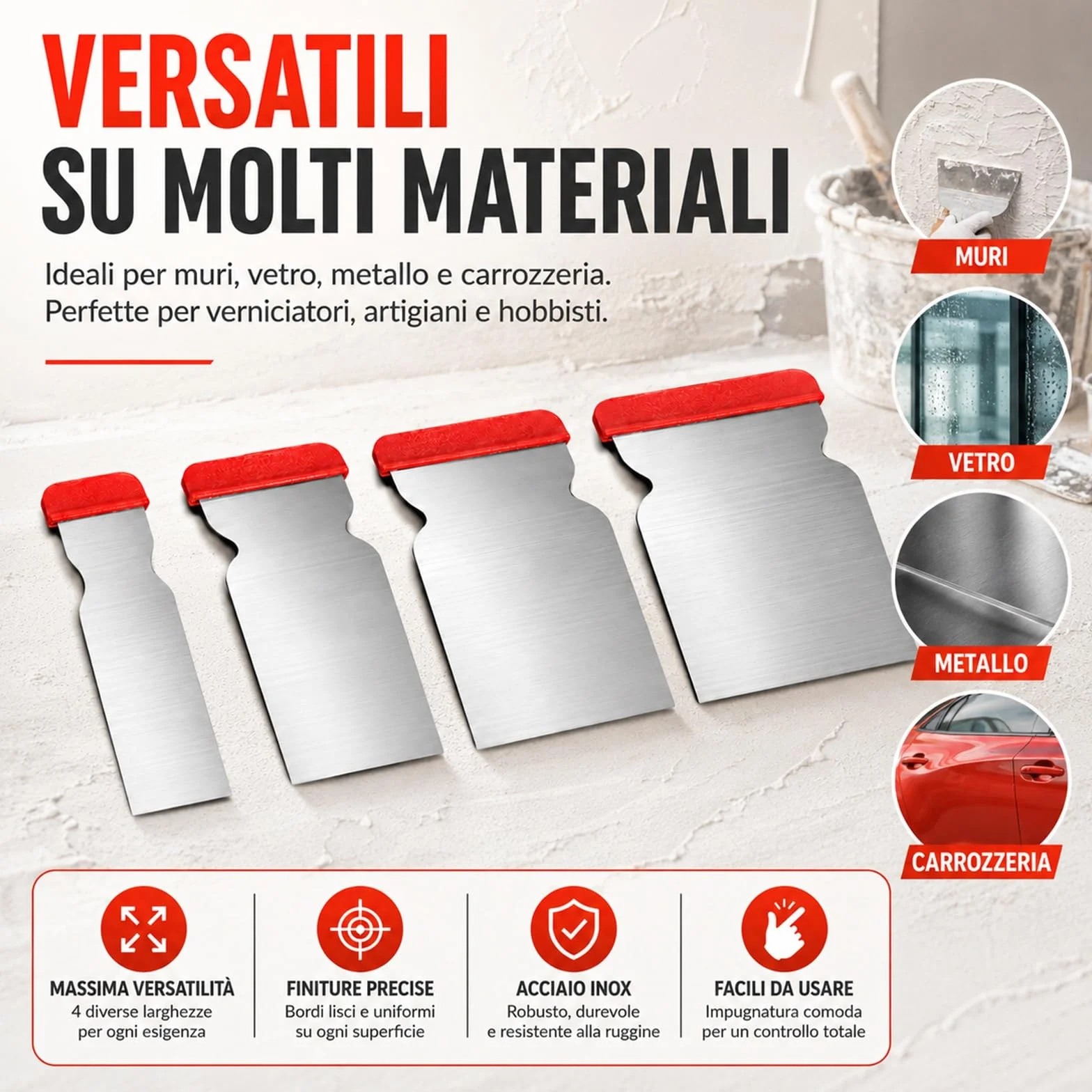 Set 4 Spatole Giapponesi in Acciaio 47/70/87/105 mm per Verniciatura Stuccatura Rasatura