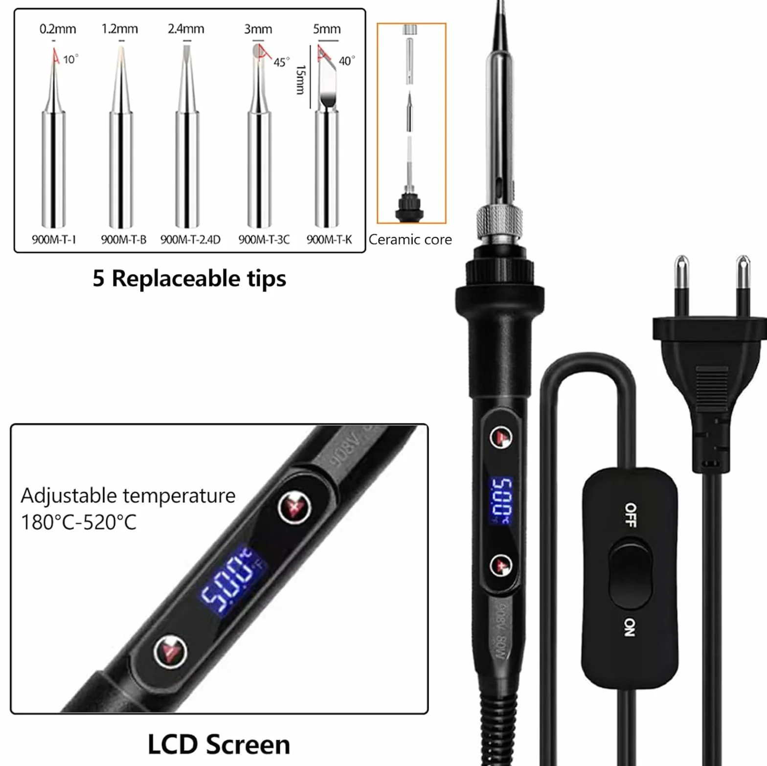 Saldatore a Stagno 80W Professionale con LCD, Temperatura Regolabile 180-520°C, Kit 13 in 1 per Elettronica