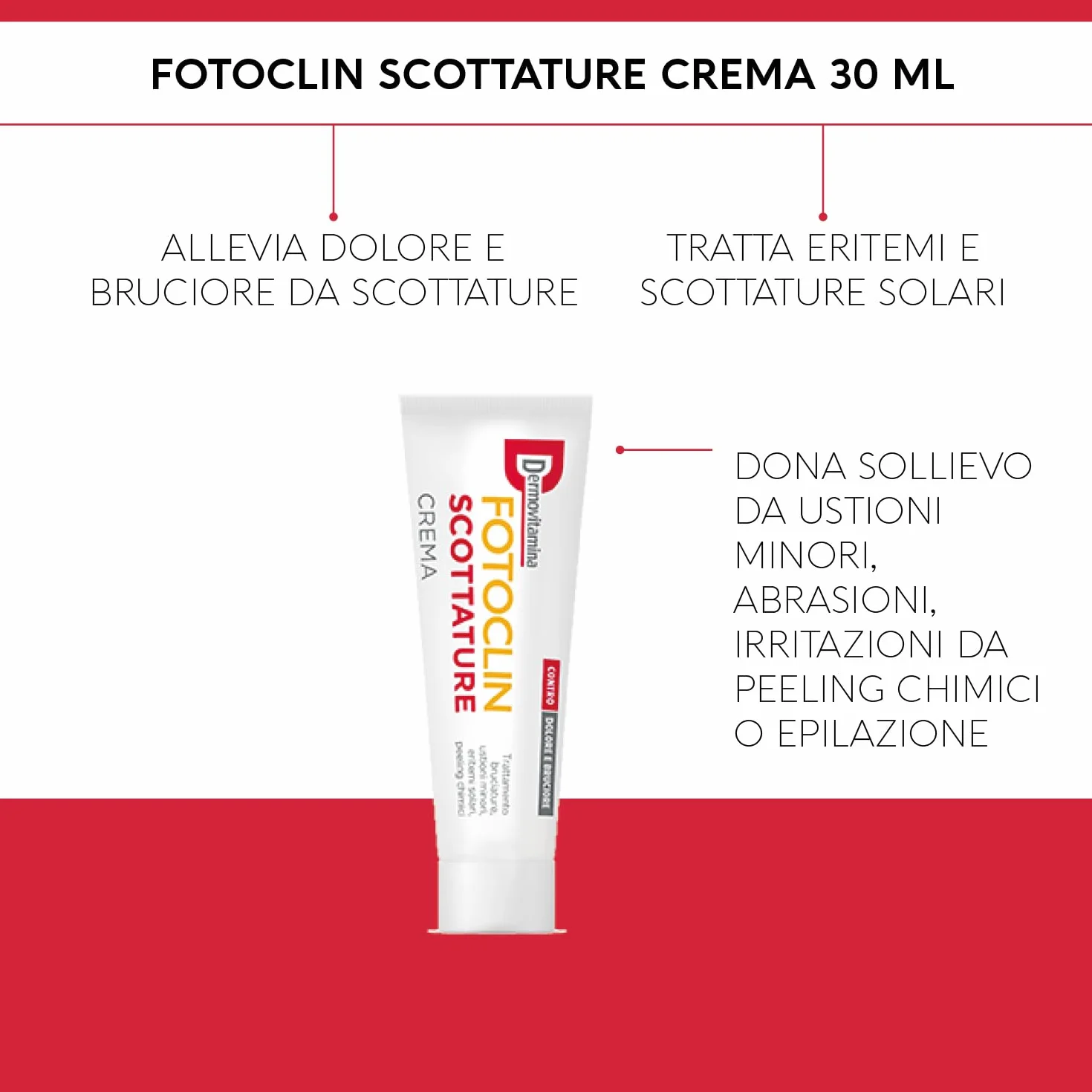 Dermovitamina Fotoclin Scottature Crema - Crema per il Trattamento di Bruciature, Ustioni Minori, Eritemi Solari e Peeling Chimici - Contro Dolore e Bruciore - Doposole - Senza Cortisone - 30ml