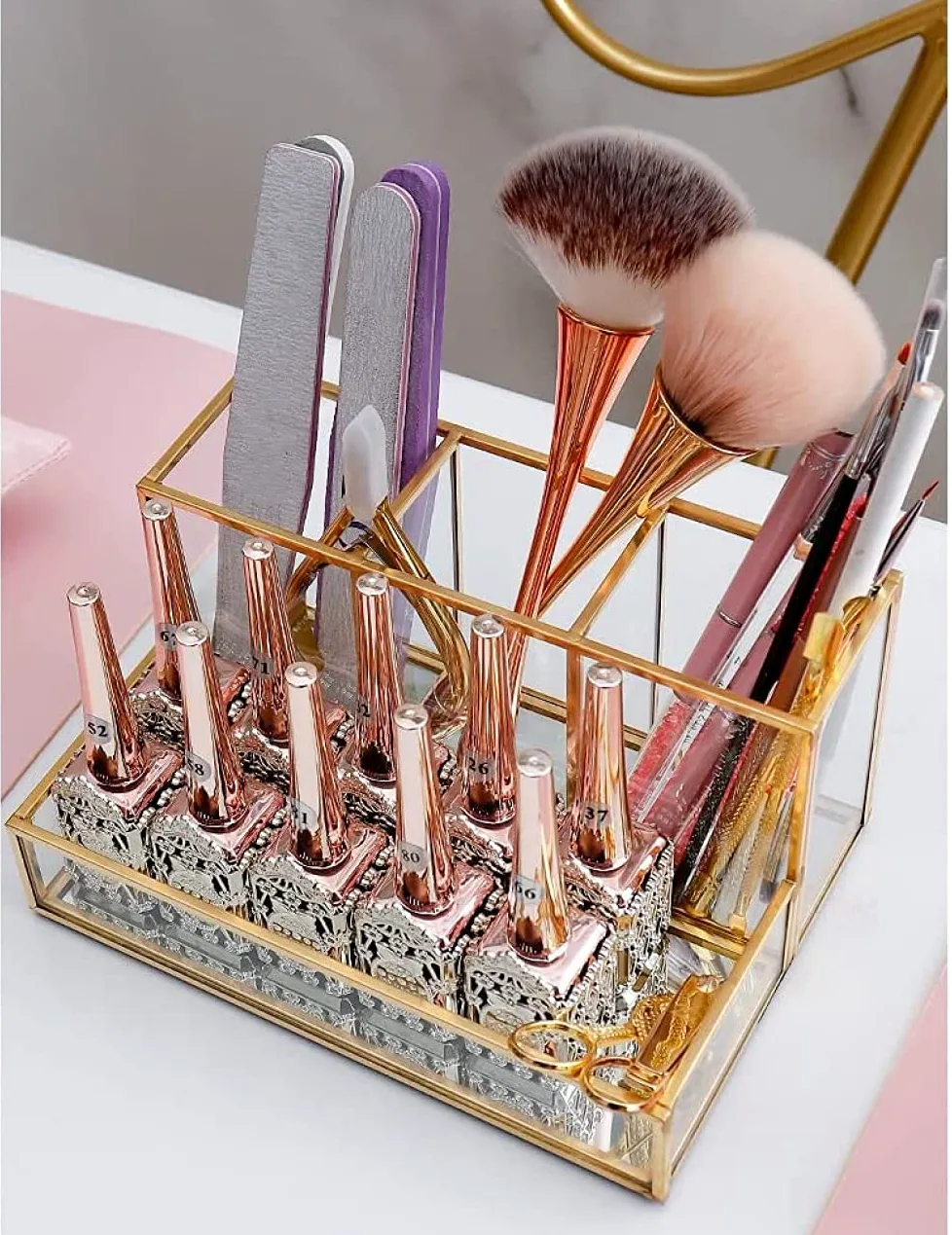Porta Pennelli per Trucco - Organizer per Cosmetici Oro - Organizer per Trucco Trasparente - Scatola Portaoggetti da Scrivania - Vassoio Portaoggetti per Gioielli in Vetro