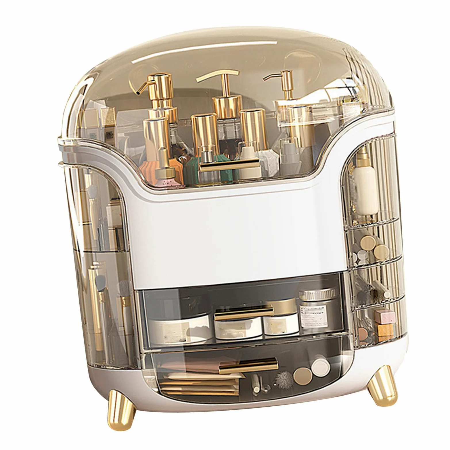 Rengue Scatola per Trucco Girevole di Grande capacità Organizzatore Cosmetico Verticale Trasparente Impermeabile a 360 Gradi con Cassetti Portaoggetti per Gioielli Cosmetici (bianco elegante)