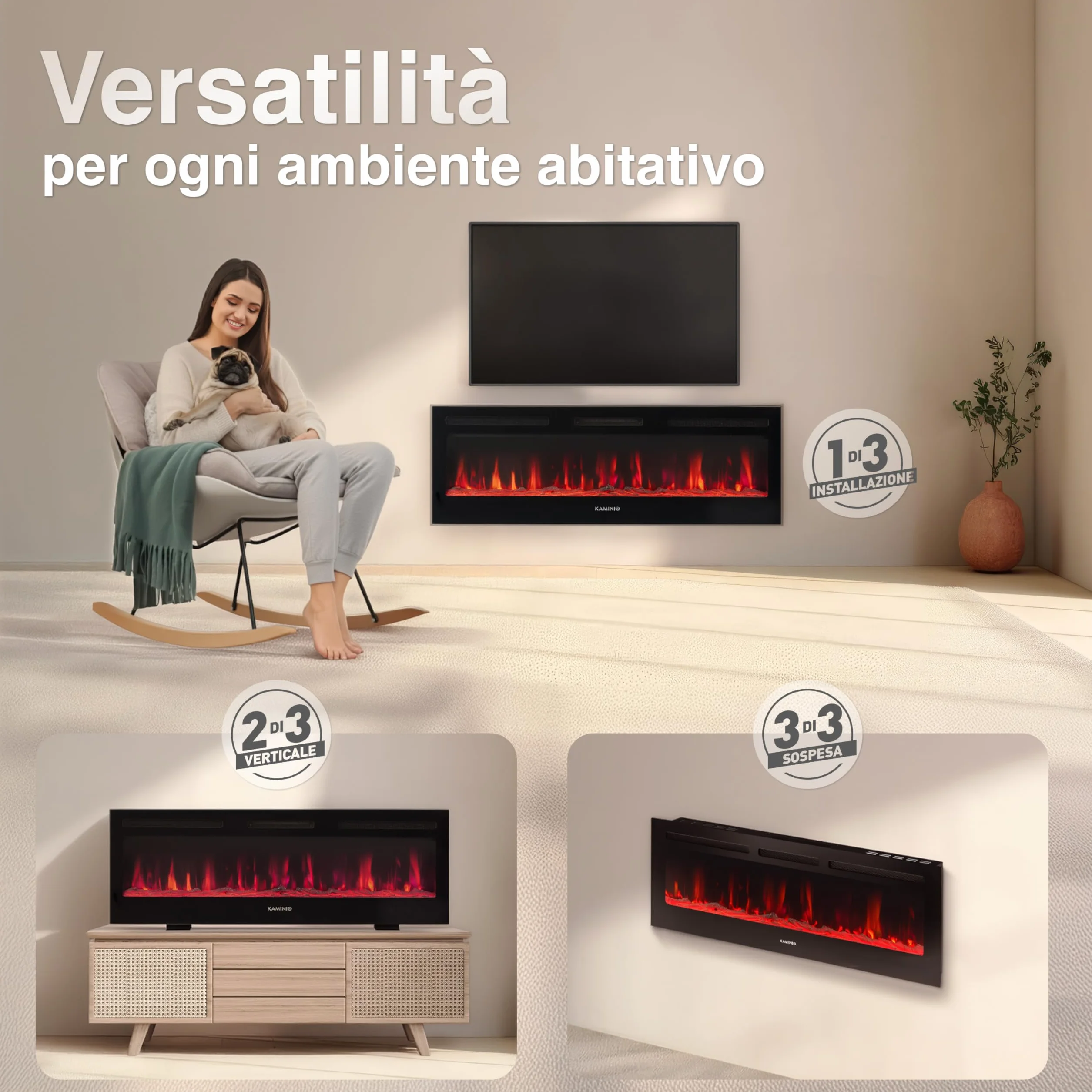 Kaminio Camino elettrico MARLON 3-in-1 con riscaldamento, effetto fiamma 3D, 12 colori, telecomando 60 pollici
