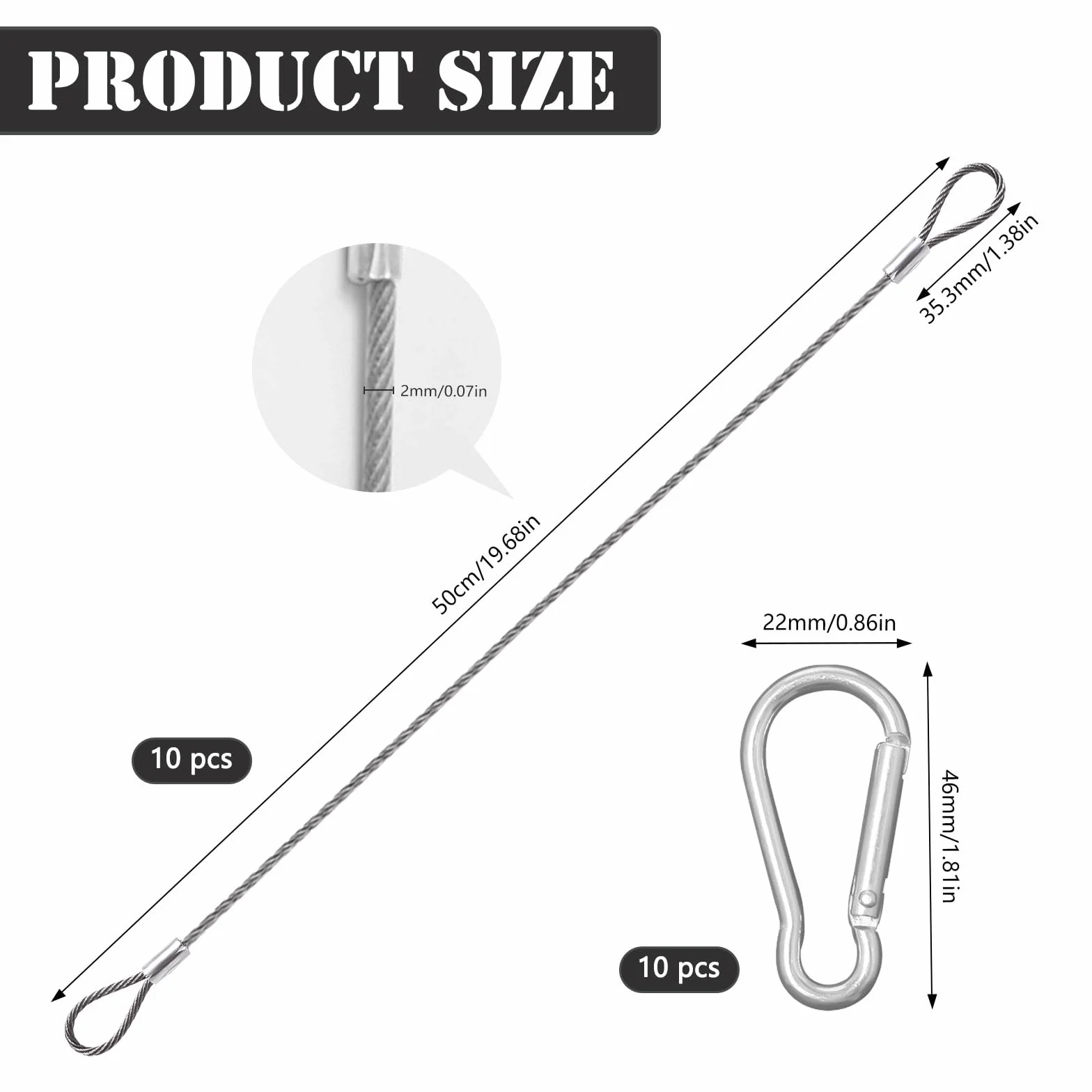 Cavo in Acciaio Inossidabile di Sicurezza 50cm x 2mm Toroidal con Moschettone 10 Pezzi per Biciclette, Bagagli