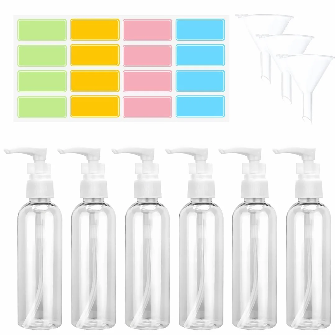 6 flaconi vuoti con pompa airless da 50 ml, flaconi con pompa airless ricaricabili, erogatori di crema ricaricabili con imbuto, adesivi per cosmetici, creme, lozioni
