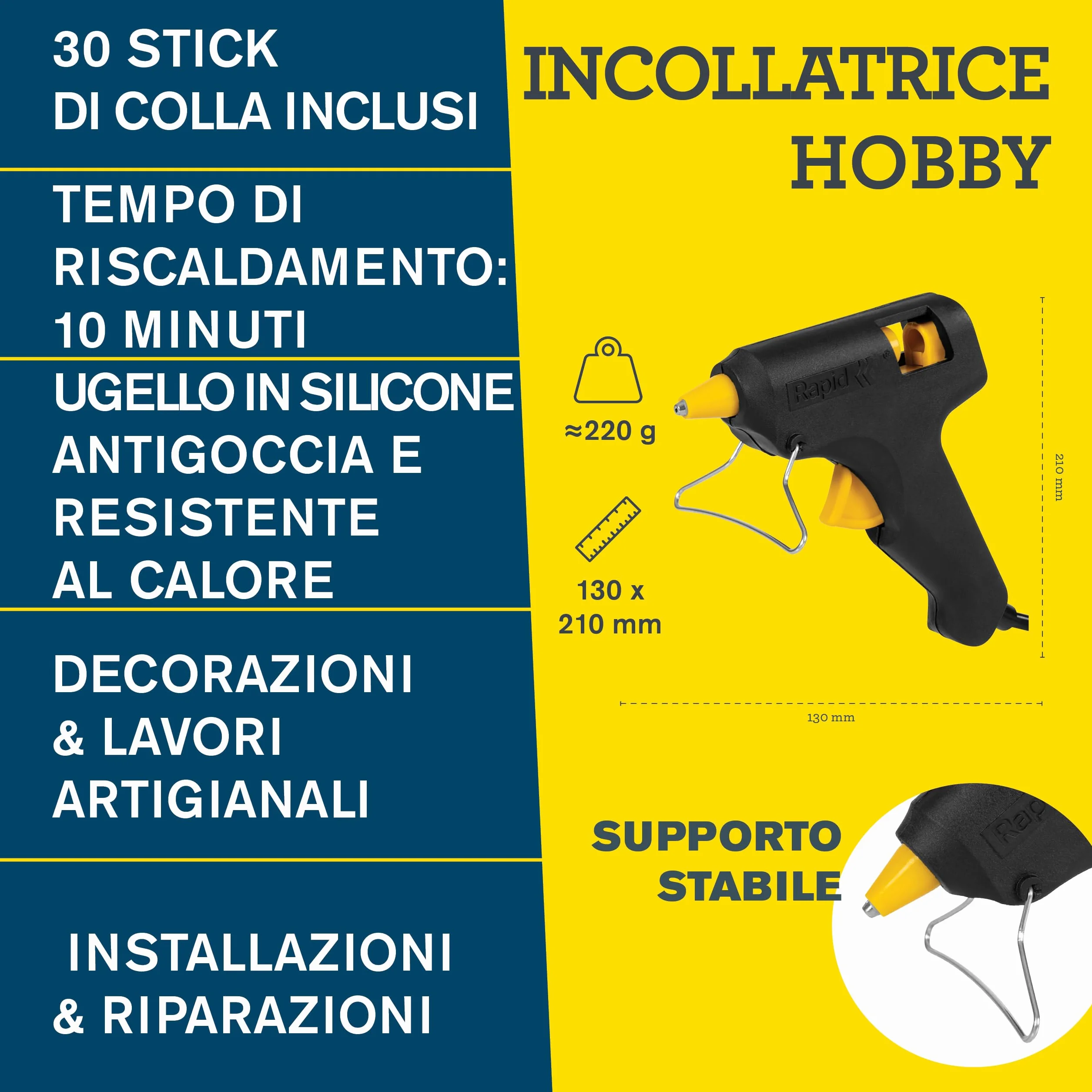 Rapid Pistola per Colla a Caldo Hobby 7 mm 100 g/h 10 Minuti con 30 Stick Trasparenti
