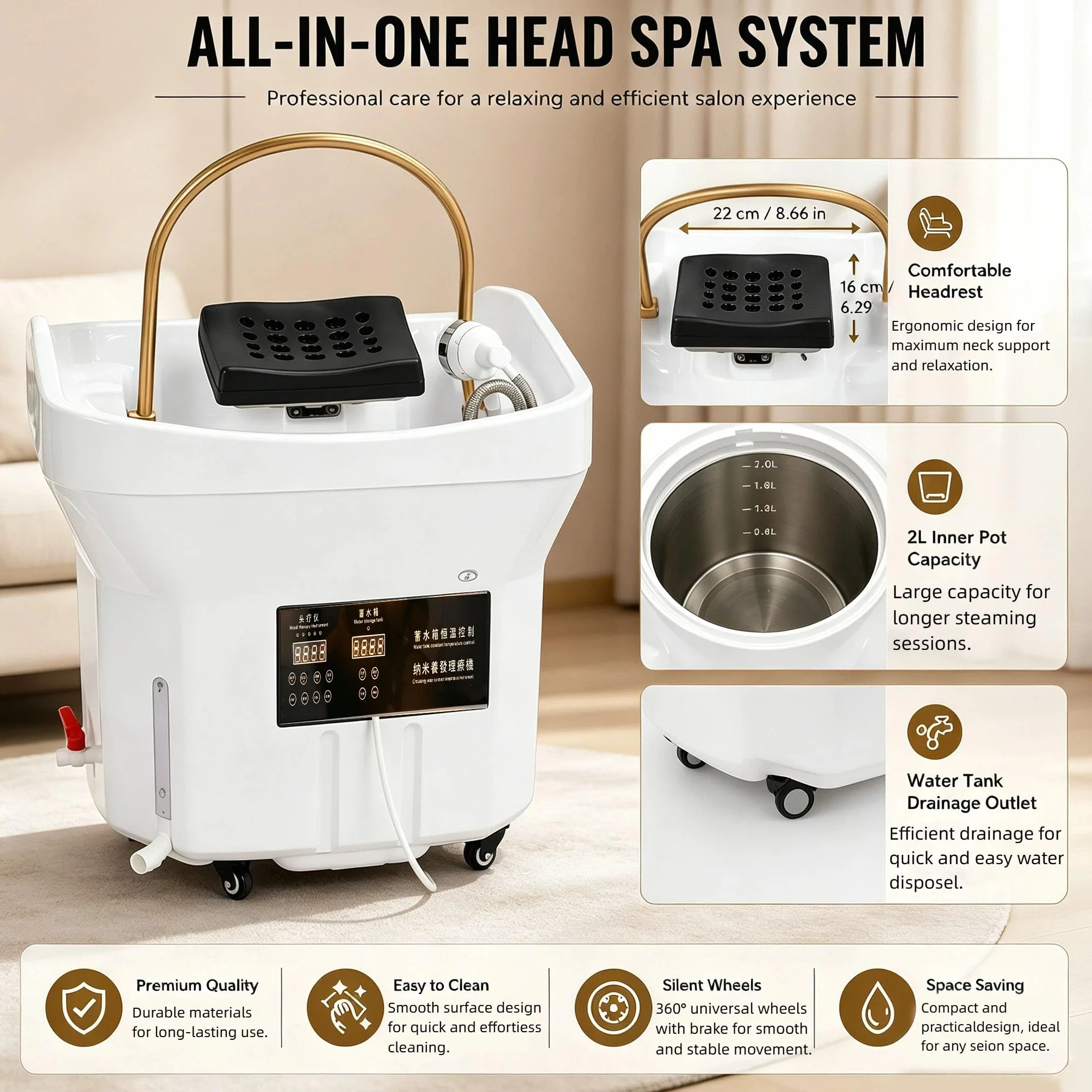 Attrezzatura Per Head Spa Dell'Acqua Serbatoio Portatile 60 l, 4 Ruote Universali Scaldabagno Lavandino Shampoo D'Acqua Giapponese Lavatesta Portatile per Massaggio, per Salone