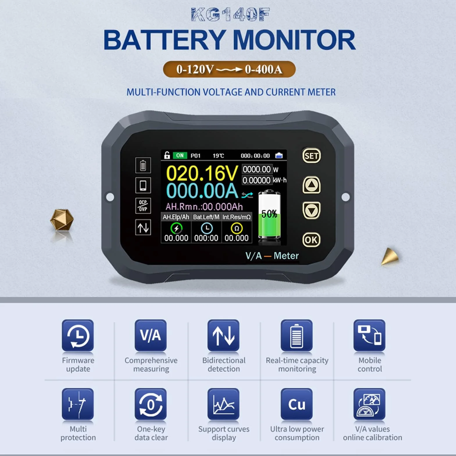 Controllo Mobile Monitor Batteria Amperometro Coulomb 0-120V Digitale APP (KG140F0-400A)
