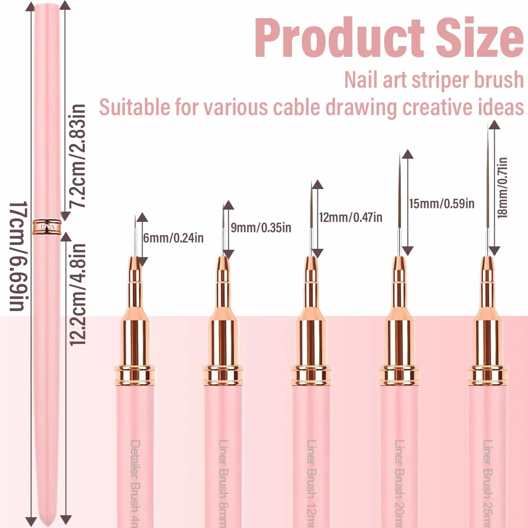 YAYNO Set Pennelli per Nail Art 5 Pezzi Pennelli dimensioni 6/9/12/15/18 mm Disegnare Linee Fini Attrezzo per Unghie Pennelli Liner di Precisione per disegnare e punteggiare le unghie