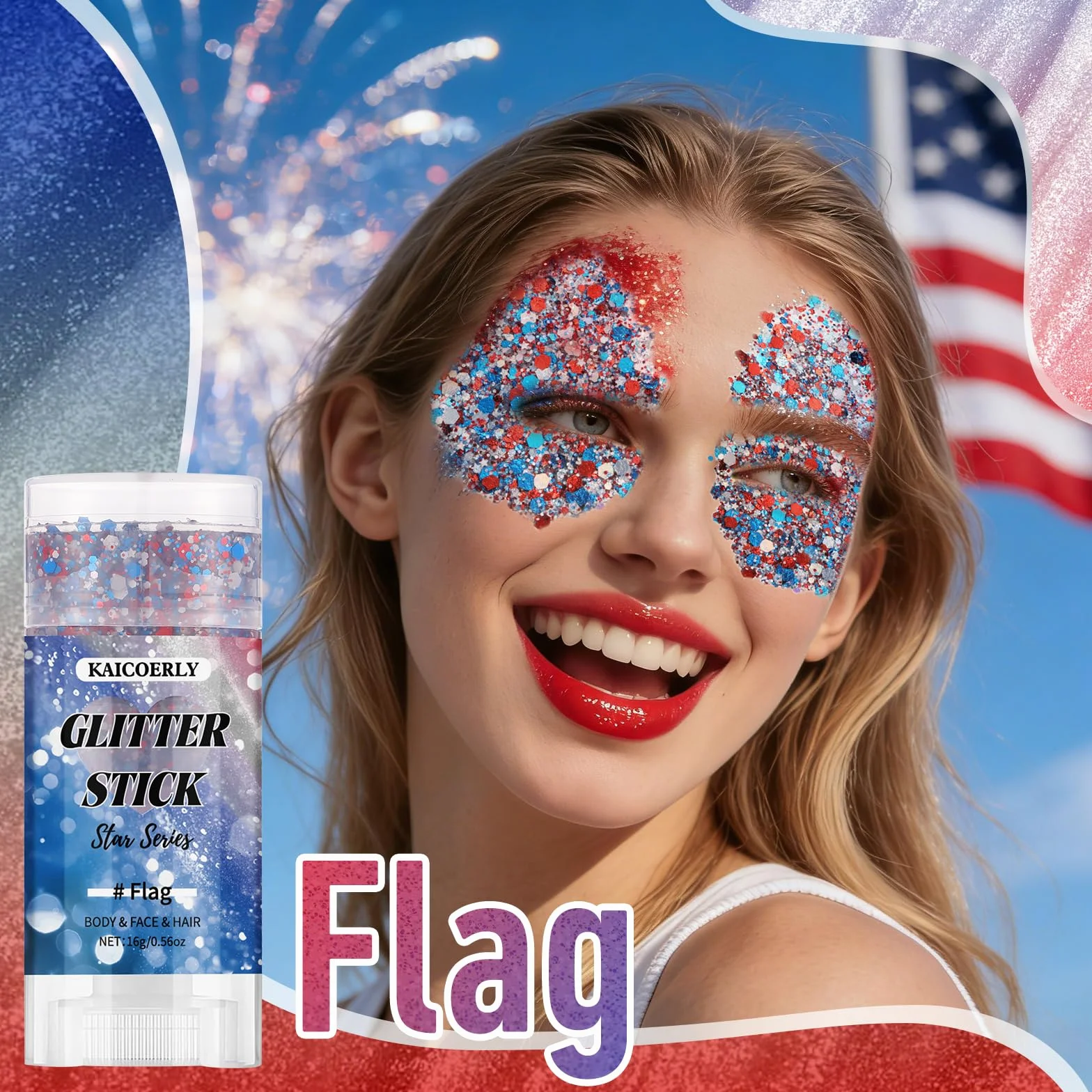 Red White and Blue Face Body Glitter Stick, Chunky Sequins Body Face Glitter for Women Girls, Sparkle Patriotic Pride Chunky Glitter Makeup for Memorial Day, 4th of July Accessories Outfits