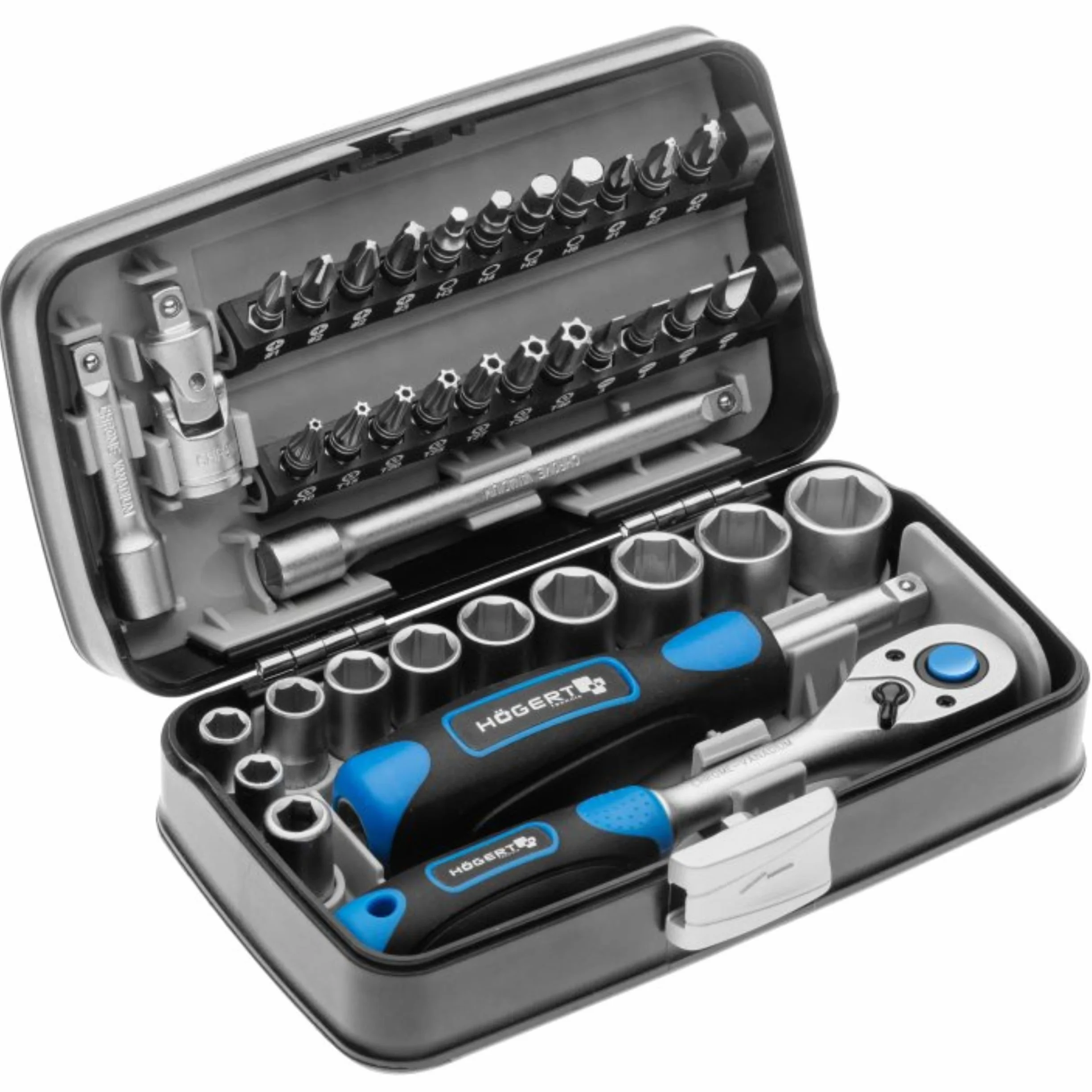 Högert Technik Cassetta Attrezzi 38 Pezzi Set Chiavi a Bussola 1/4" Cricchetto 72 Denti HT1R462