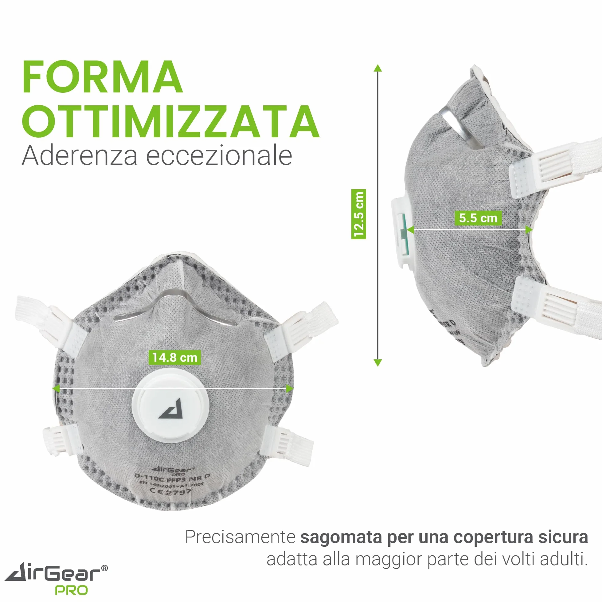 AirGearPro Mascherina FFP3 con Valvola – Maschera Antipolvere per Polveri Sottili con Carbone Attivo – 5 Pezzi