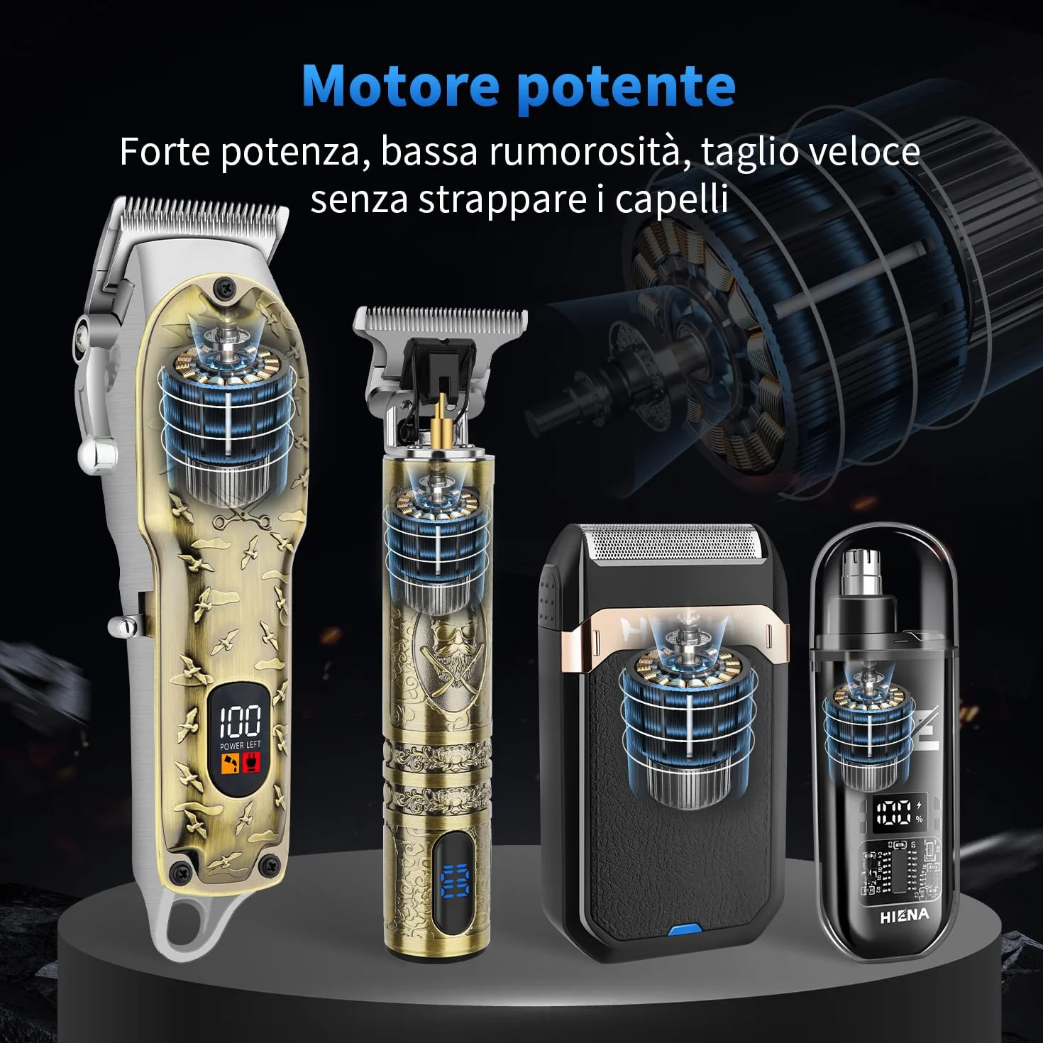 HIENA PRO Tagliacapelli Uomo Professionale, Macchinetta per Capelli Senza Fili, Regolabarba, Rasoio a Lamina, Tagliapeli Naso, Kit Completo per Rasatura e Taglio di Capelli Elettrico