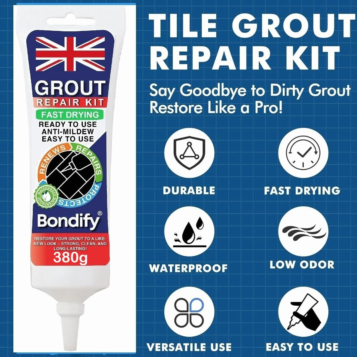Kit Riparazione Fughe Piastrelle Bianco Asciugatura Rapida 380g ANTI-MUFFA Stucco per Piastrelle Bagno Doccia Grout Repair Kit