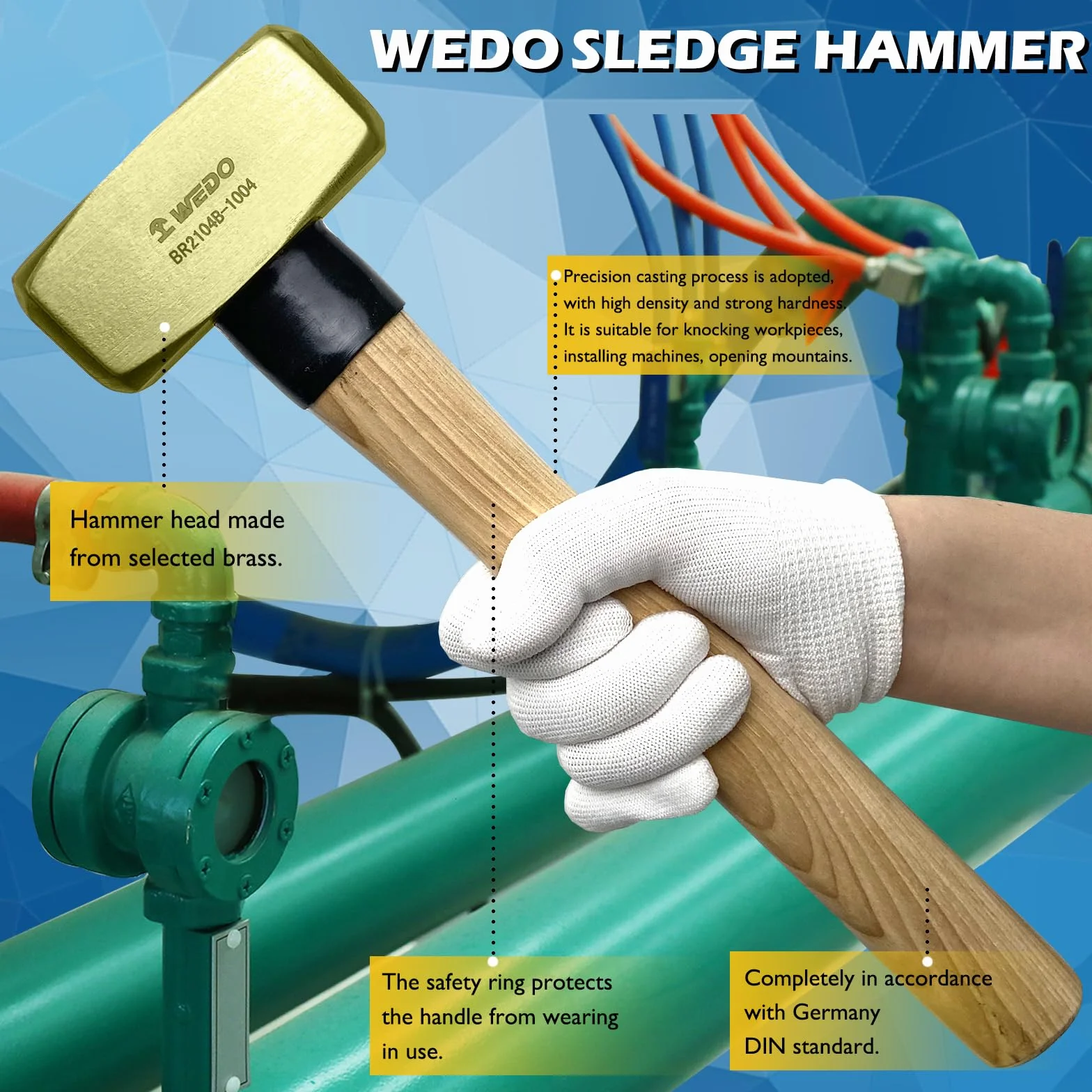 WEDO Martello da fabbro in ottone 1000g con Impugnatura Ergonomica legno 320mm