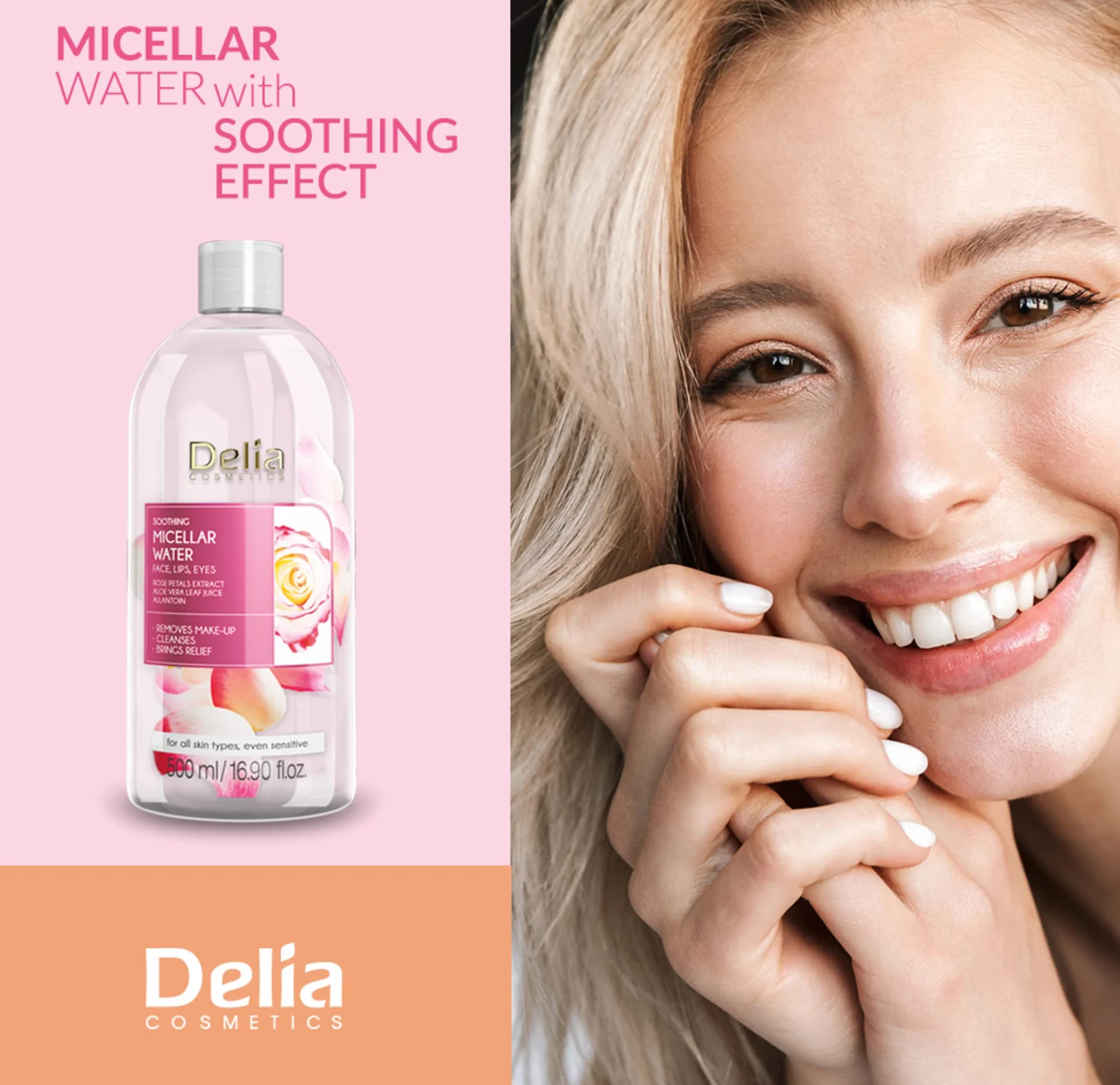 Delia Cosmetics – Acqua micellare lenitiva – Detergente viso con estratto di petali di rosa e allantoina – Pelle pulita, morbida, fresca e lenita – Per pelle secca e disidratata – 500 ml