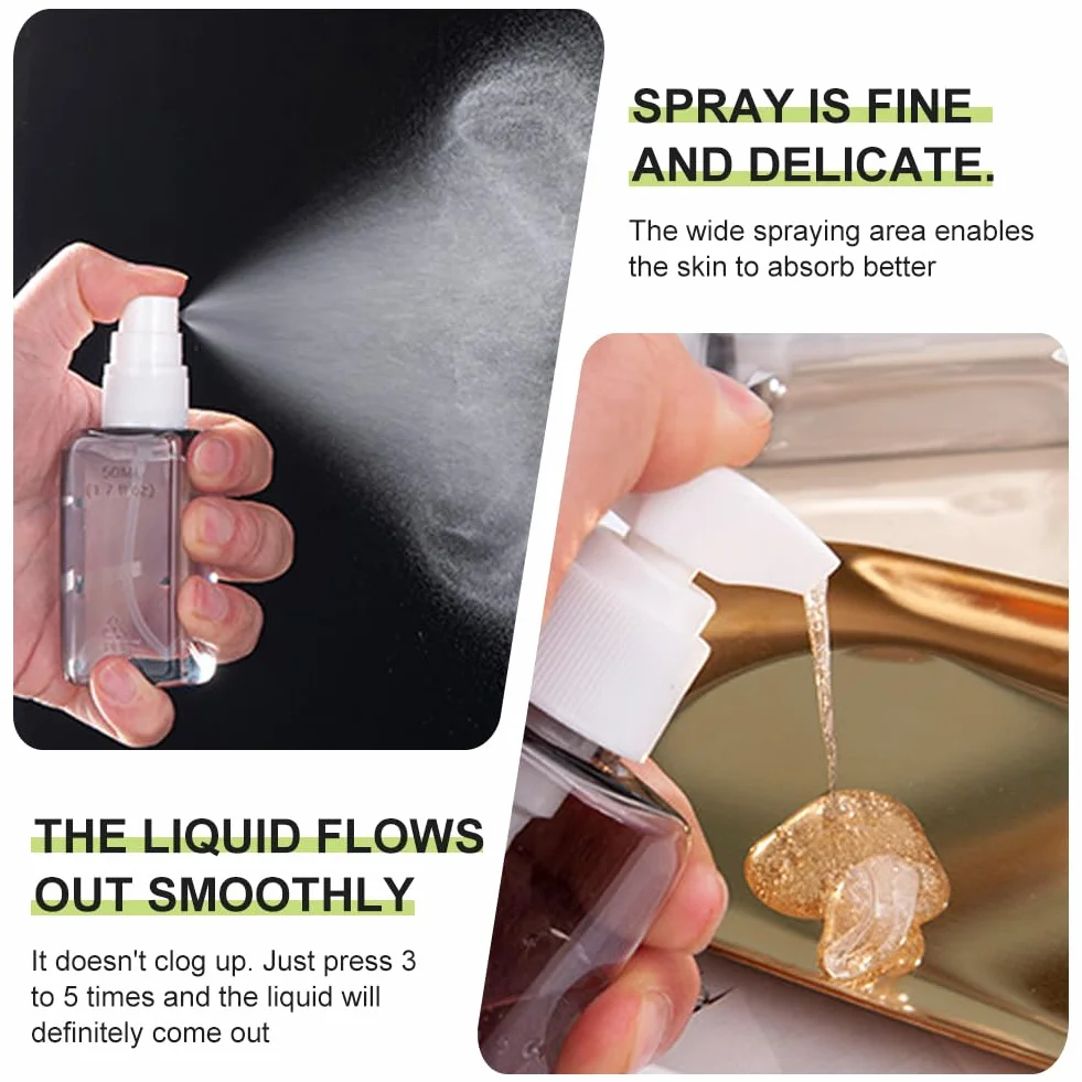 Set di bottiglie da viaggio 4 in 1, 50 ml, 2 testine spray e 2 testine per lozione, a prova di perdite, con etichette, accessori da viaggio per aereo, bagaglio a mano, ufficio, impermeabile e stabile