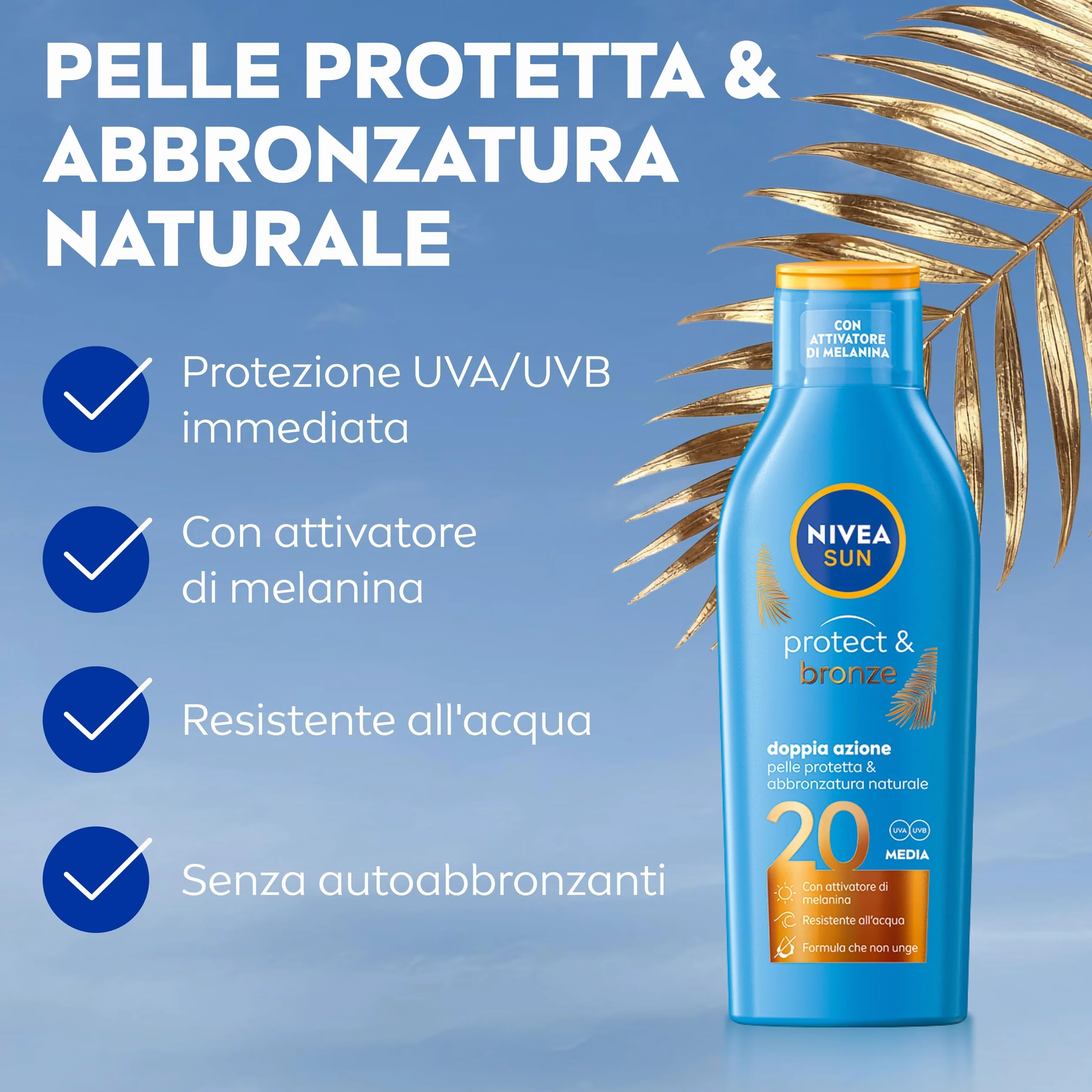 NIVEA SUN Latte Solare Protect & Bronze FP 20 200 ml, Crema solare 20 per un'abbronzatura dorata, intensa e uniforme, Protezione solare 20 con attivatore di melanina
