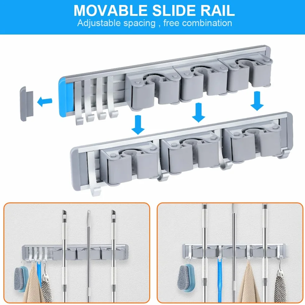 Vicloon Supporto per scopa e mocio, portaspazzole da parete 3 slot 4 ganci resistente
