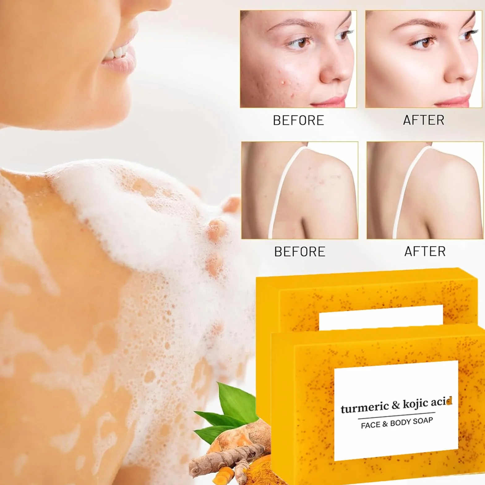 Set da Tre Pezzi Turmeric Wash e Cura, Detergente Viso con Spazzola, Pad Esfolianti per il Viso, Saponetta, Rete Schiumogena per Sapone, Set Detergente Profondo per Viso e Corpo
