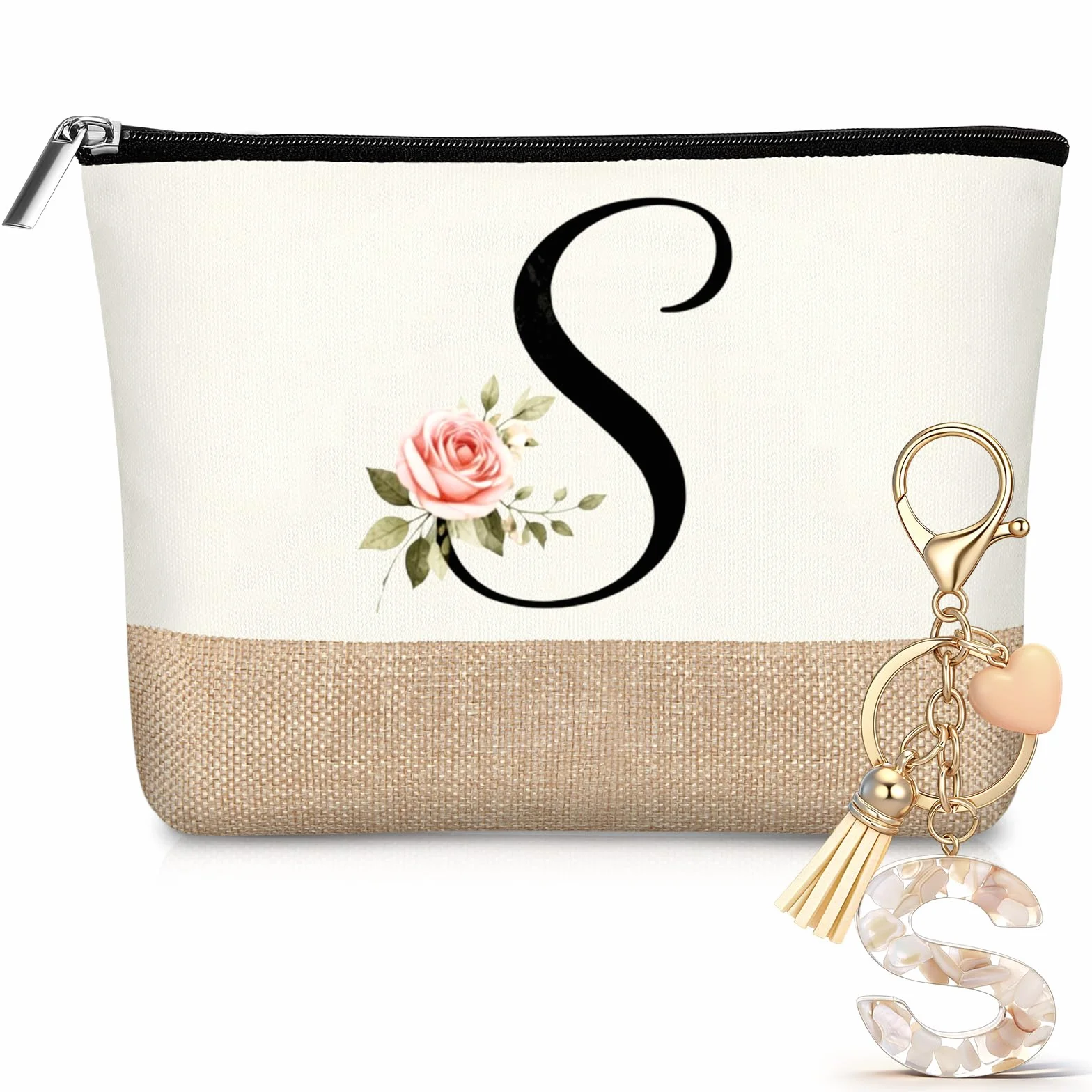 Hestya Trousse per Trucco con Lettera Iniziale Personalizzata Beauty Сase da Viaggio in Iuta con Portachiavi per Donna Matrimonio Compleanno Spiaggia Sorella Mamma Insegnanti Infermiere(S)