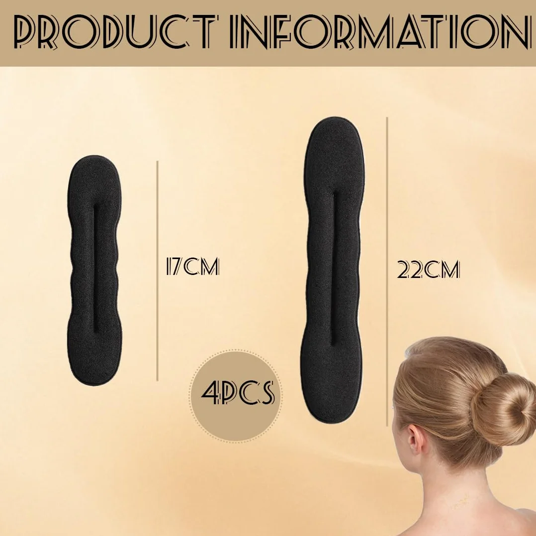 Kit 4 Ciambelle Chignon,Facili e Veloci per Capelli con Accessori in Spugna,Capelli Strumento per Intrecciare, per Bambine e Donne, 2 Piccole e 2 Grandi, Colore Nero