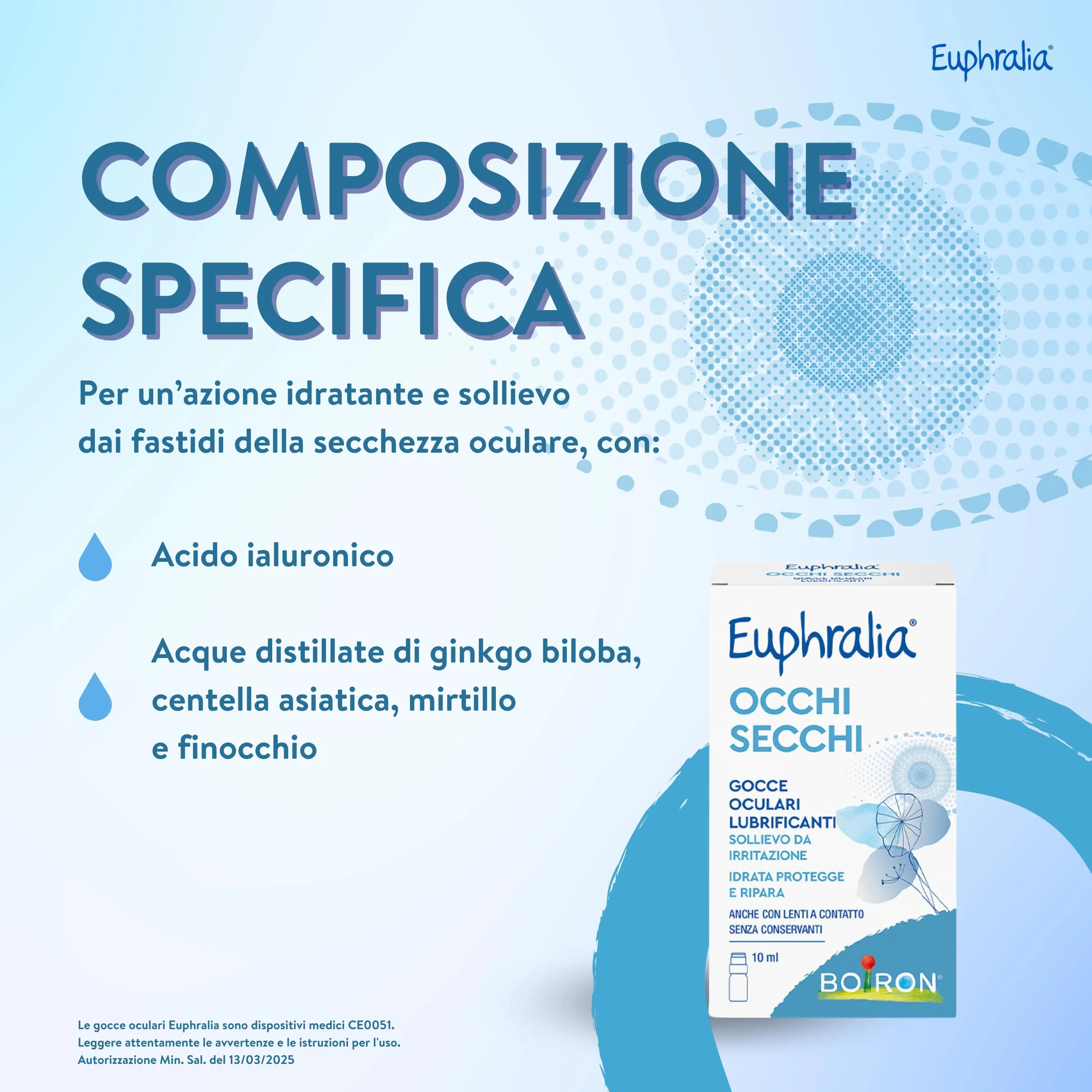 Euphralia Occhi Secchi - Gocce Oculari Lubrificanti, Rimedio contro Secchezza Oculare, Azione Protettrice e Riparatrice, con Acido Ialuronico, Ginkgo Biloba - Flacone da 10 ml + Panno Occhiali
