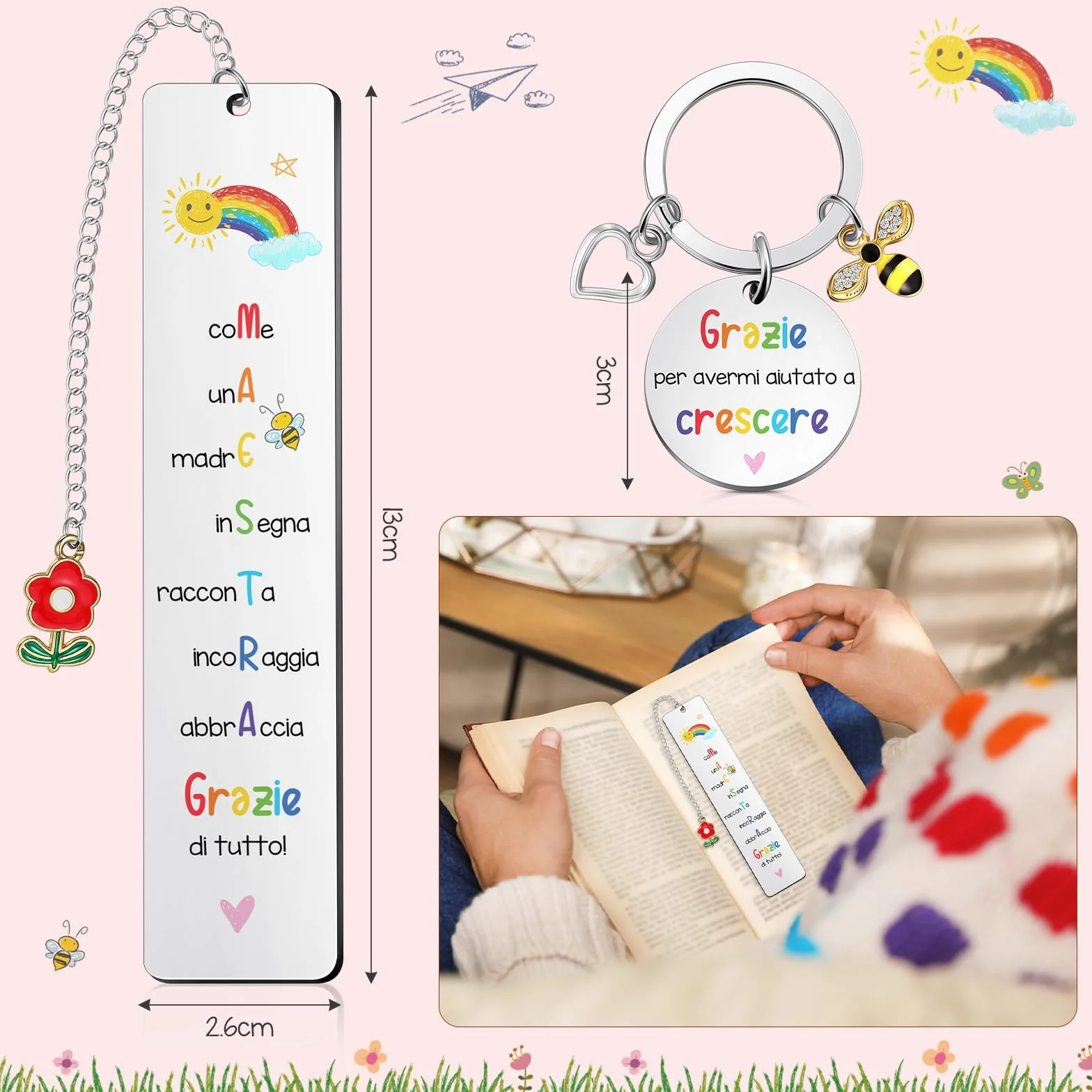 Hestya 5 Pezzi Regalo di Ringraziamento per Insegnante Include Borsa a Tracolla Blocco Note a Spiralato Portatile Portachiavi Segnalibri Penne a Sfera Regalo Maestre Fine Anno