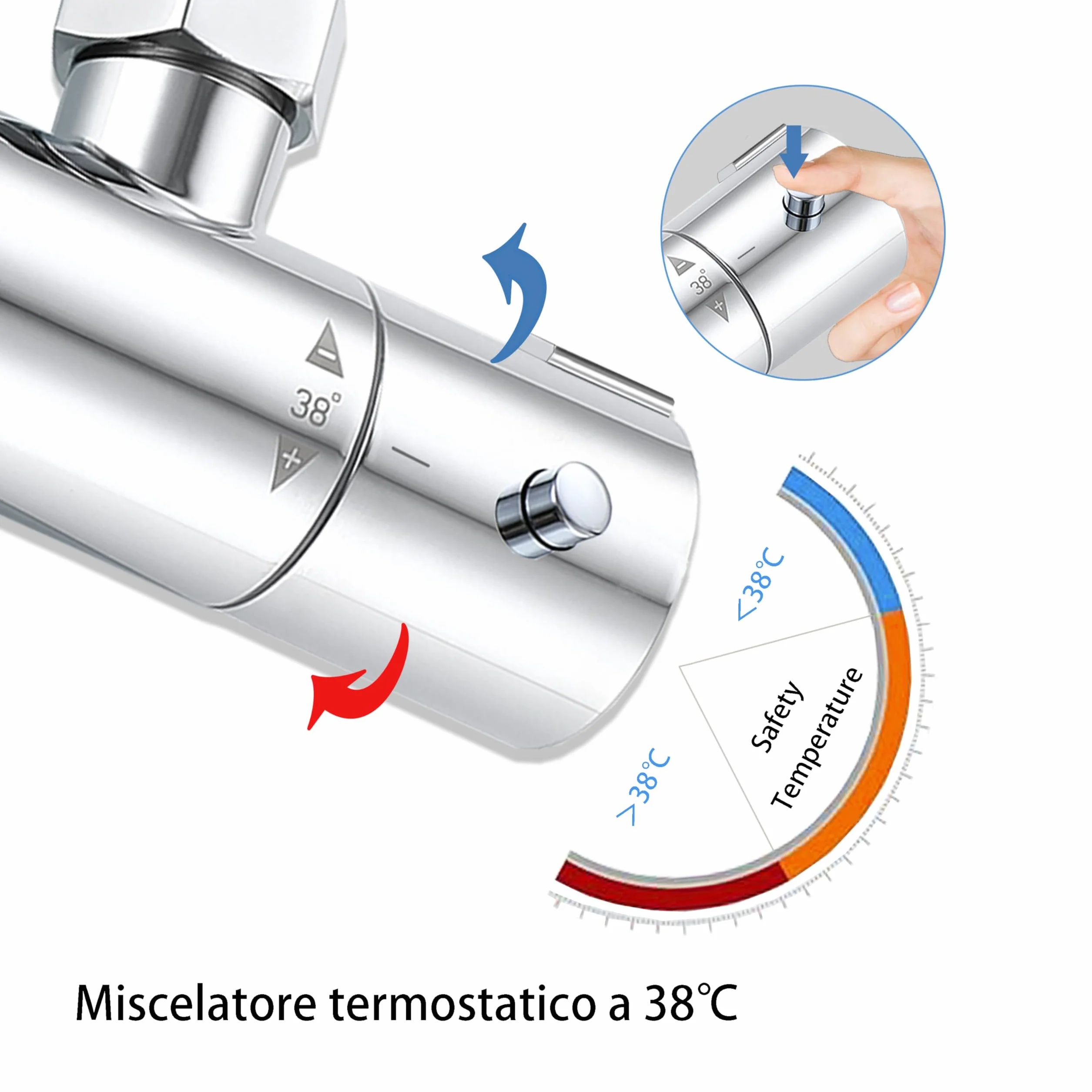 OCEAN ITALY Colonna Doccia Termostatico Set Soffione Rotondo Acciaio INOX Asta Saliscendi Regolabile