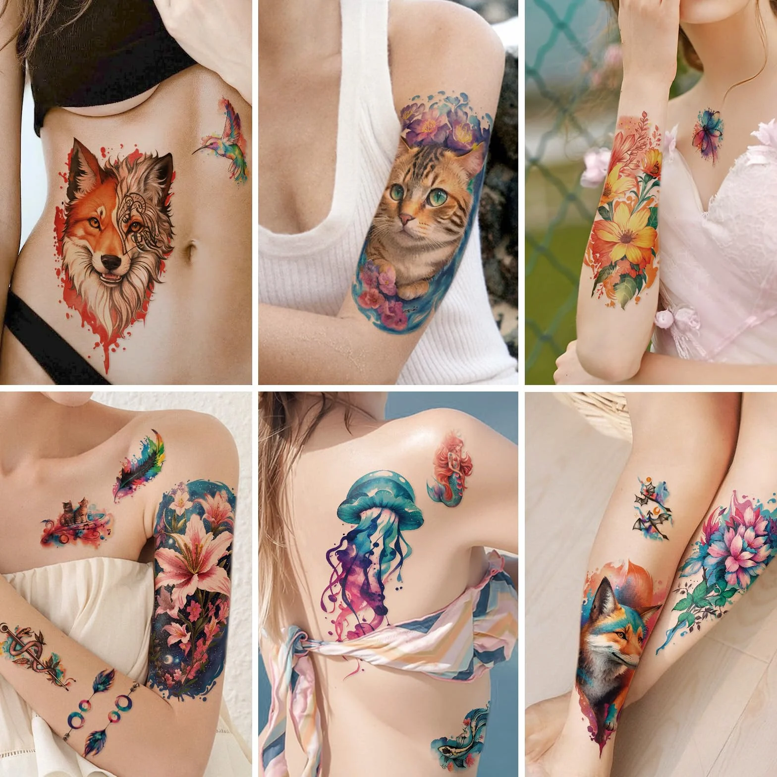 77 Tatuaggi Temporanei Fiori Leoni Tigri, 17 Grandi Disegni Mezzo Braccio Gatti-Gufi-Pappagalli, 60 Mini Lupi Piume Realistici Adulti Bambini