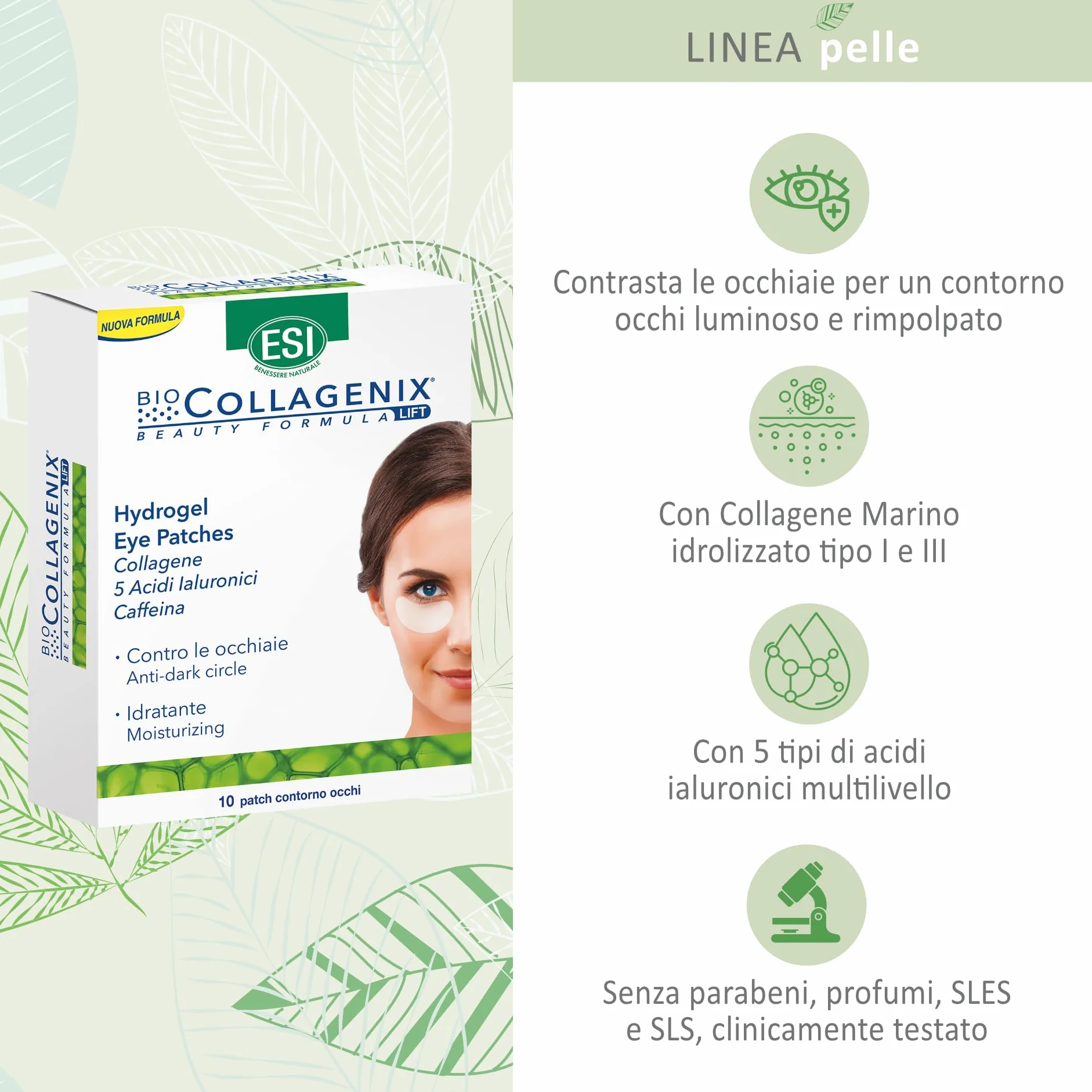 ESI, Biocollagenix Hydrogel Eye Patches, 10 Patch Occhi con Collagene, Caffeina e Acido Ialuronico per Ridurre le Occhiaie, Offre una Pelle Elastica e un Contorno Occhi Luminoso, Formula Idratante
