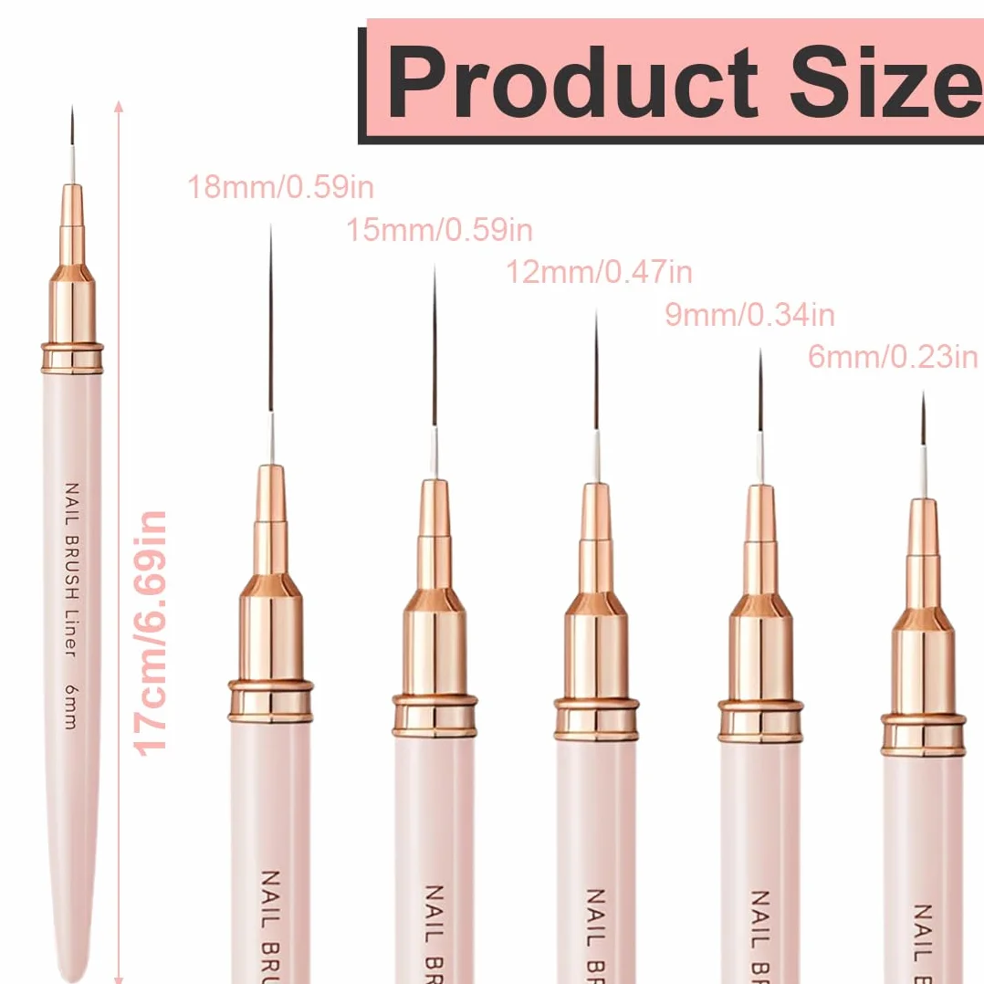 WeddHuis Pennelli per nail art, 5 pennelli per nail art, set di pennelli per disegnare e punteggiare le unghie, per linee lunghe, dettagli sottili, dimensioni 6/9/12/15/18 mm,rosa