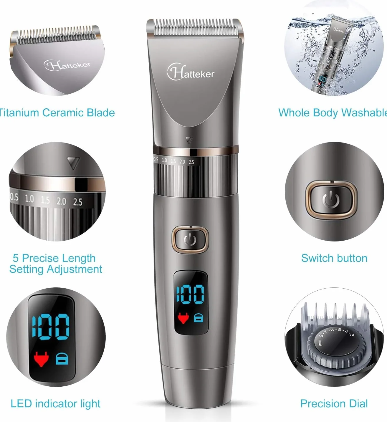 Hatteker Tagliacapelli Uomo Tagliatrice Professionale Capelli Taglierina Barbiere Barba Elettrica Trimmer e Precisione Impermeabile