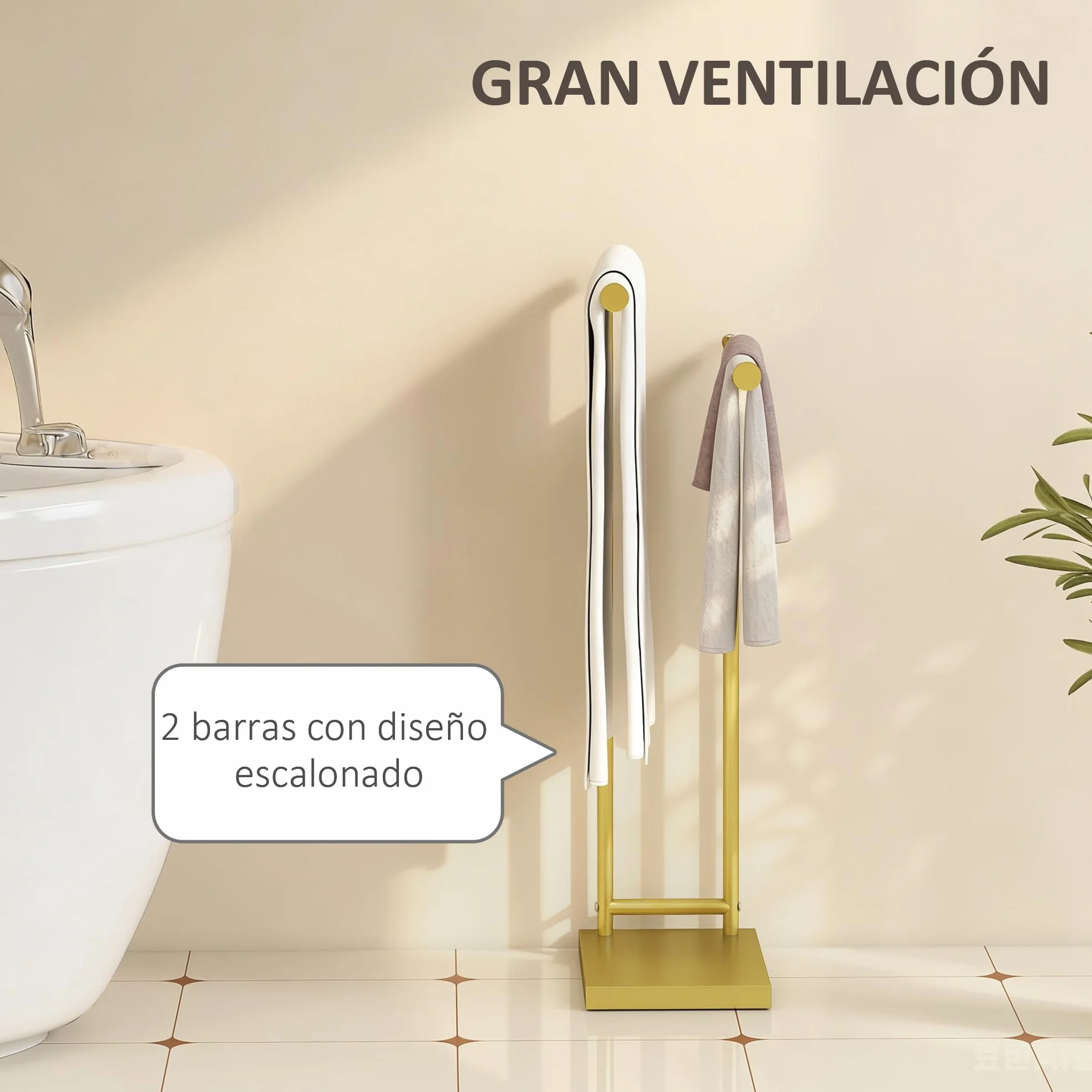 HOMCOM Portasciugamani da terra a 2 livelli scala da bagno metallico 35,5 x 20 x 78 cm oro