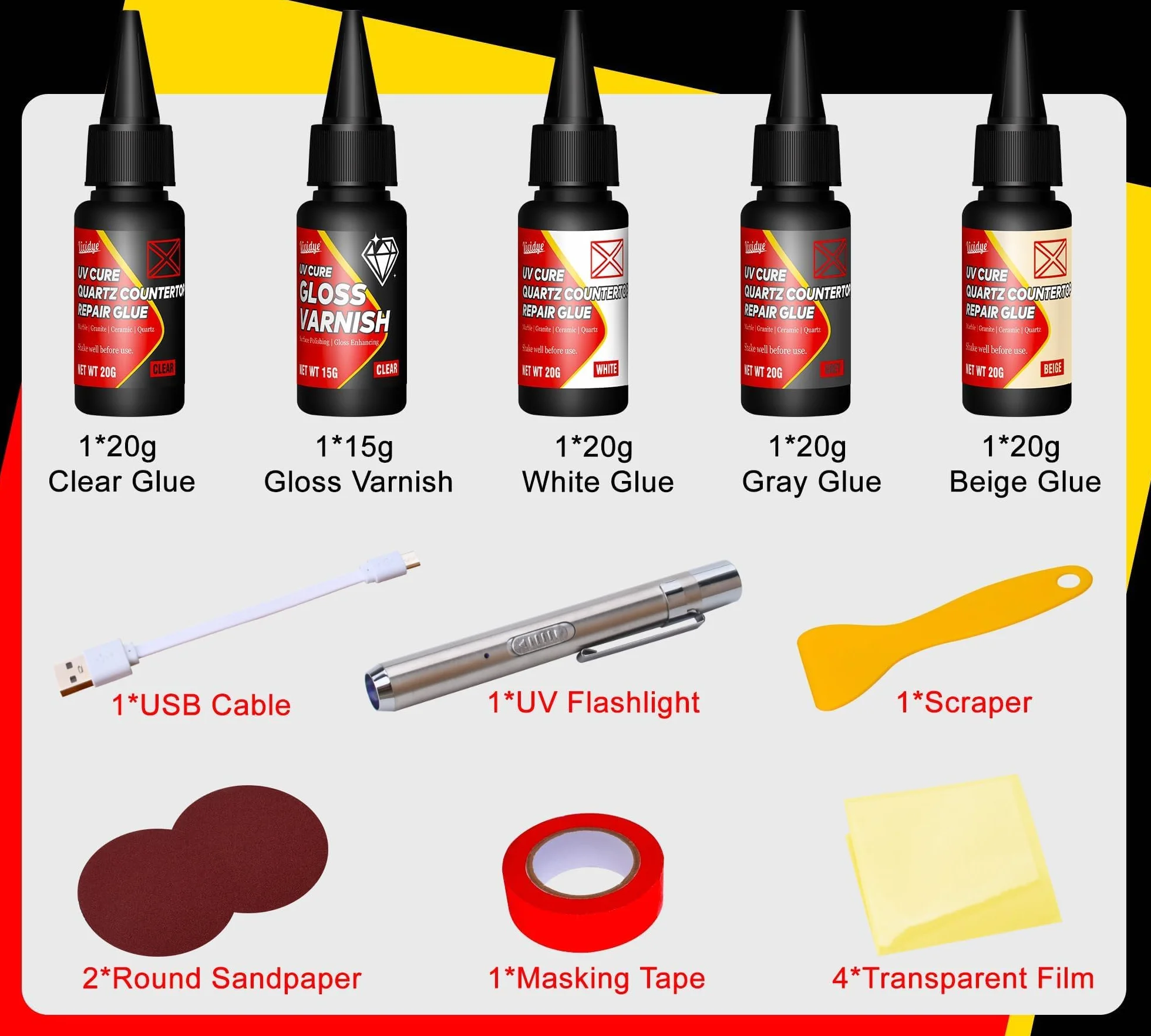 Kit Riparazione Piastrelle Doccia Bacino con Colla 4 Colori, Lampada UV e Vernice per Quarzo, Granito, Marmo, Fibra di Vetro, Ceramica, Acrilico