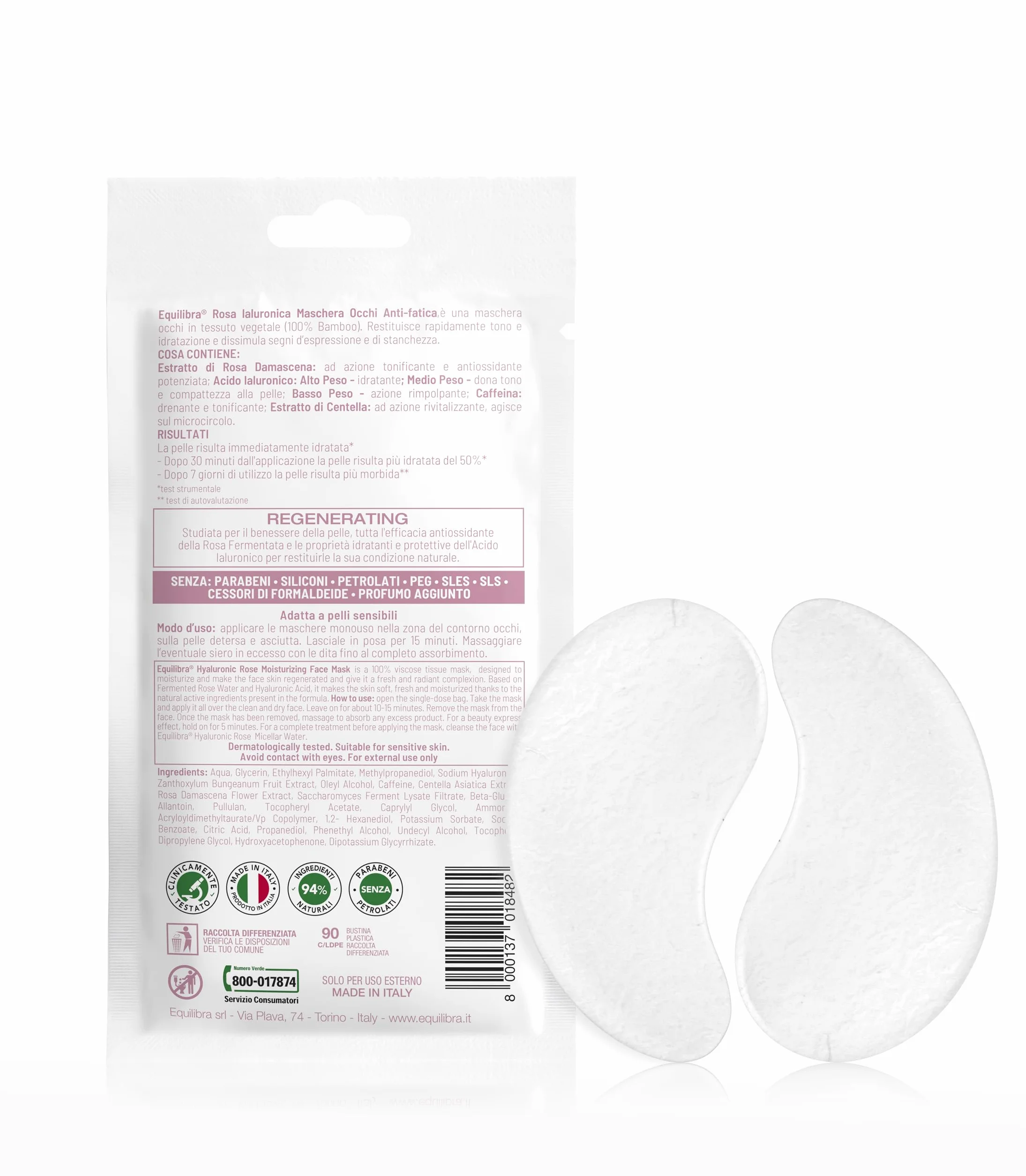 Equilibra, Patch Occhi, Azione Anti-fatica Contro Occhiaie e Borse, 2 Patch, con Estratto di Rosa Damascena, Acido Ialuronico ad Alto, Medio e Basso Peso, Caffeina, ed Estratto di Centella